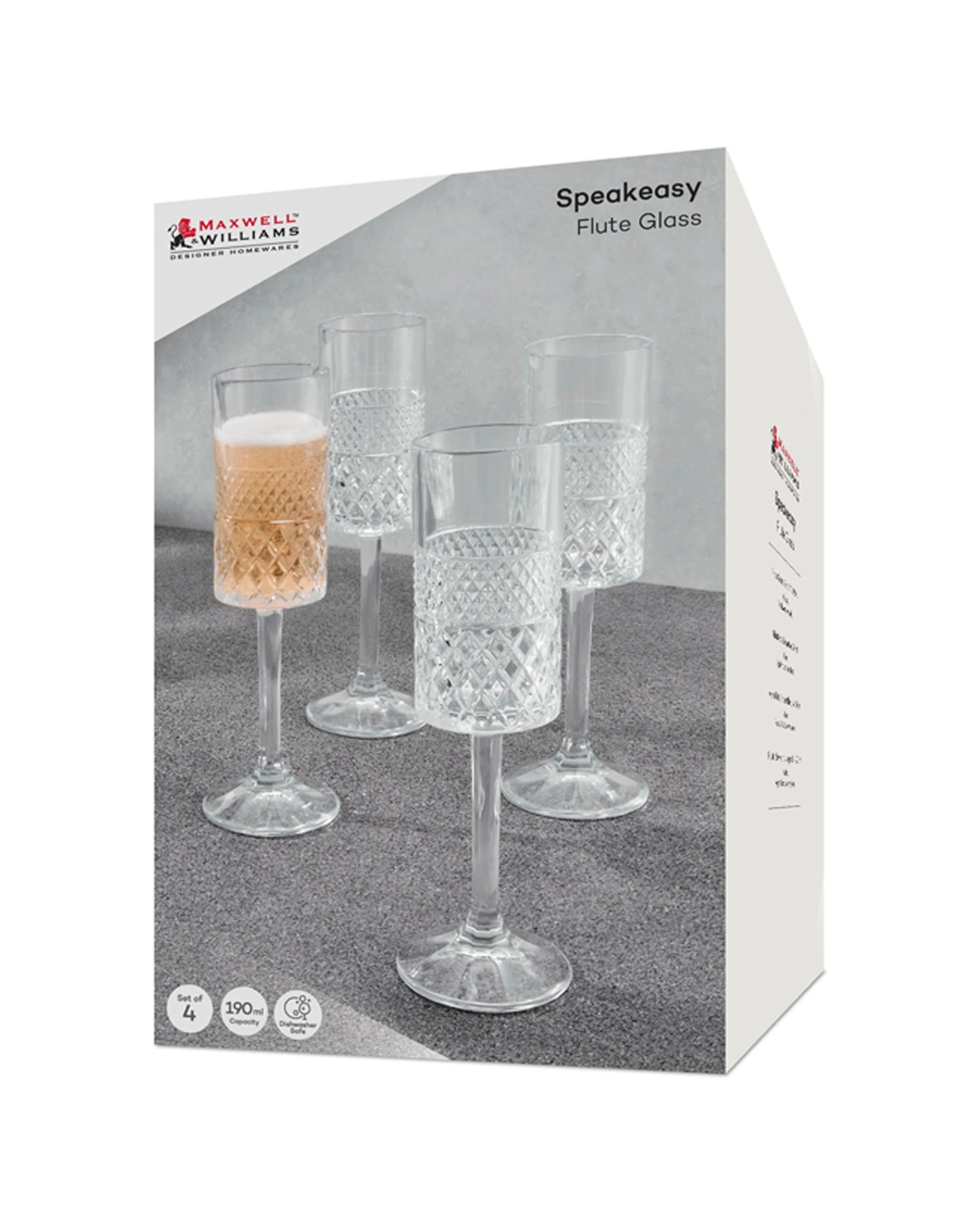 2 Maxwell & Williams 4pc Speakeasy Art Deco Flute Glasses Set 190ml Glassware
 - Plain, 2 of 3