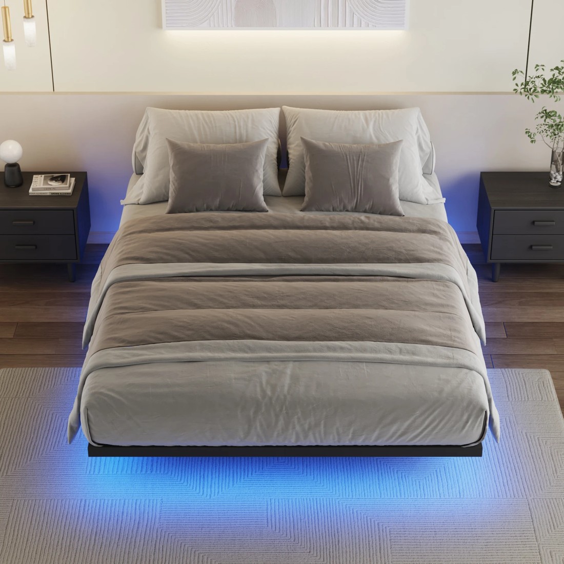 3 Advwin Double Floating Bed Frame With LED Lights Metal Platform Black, 3 of 10