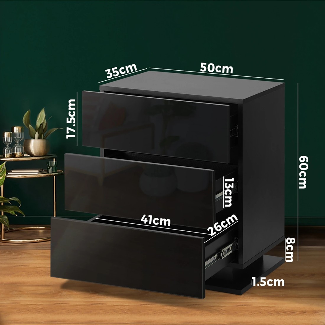 2 Oikiture Bedside Tables Set of 2 LED Nightstand Cabinet 3 Drawers Side Table - Black, 2 of 5