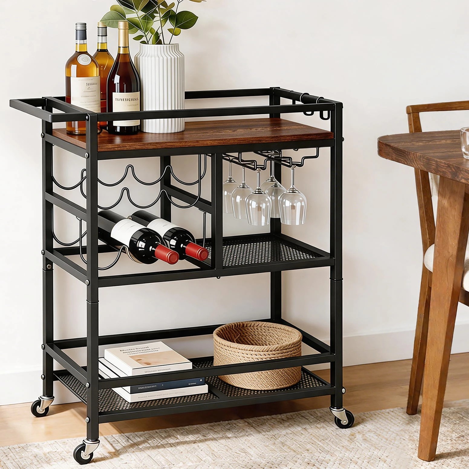 7 Artiss Bar Cart Drinks Trolley Serving Wine Rack Glass Holder 3 Hooks - Black, 7 of 8