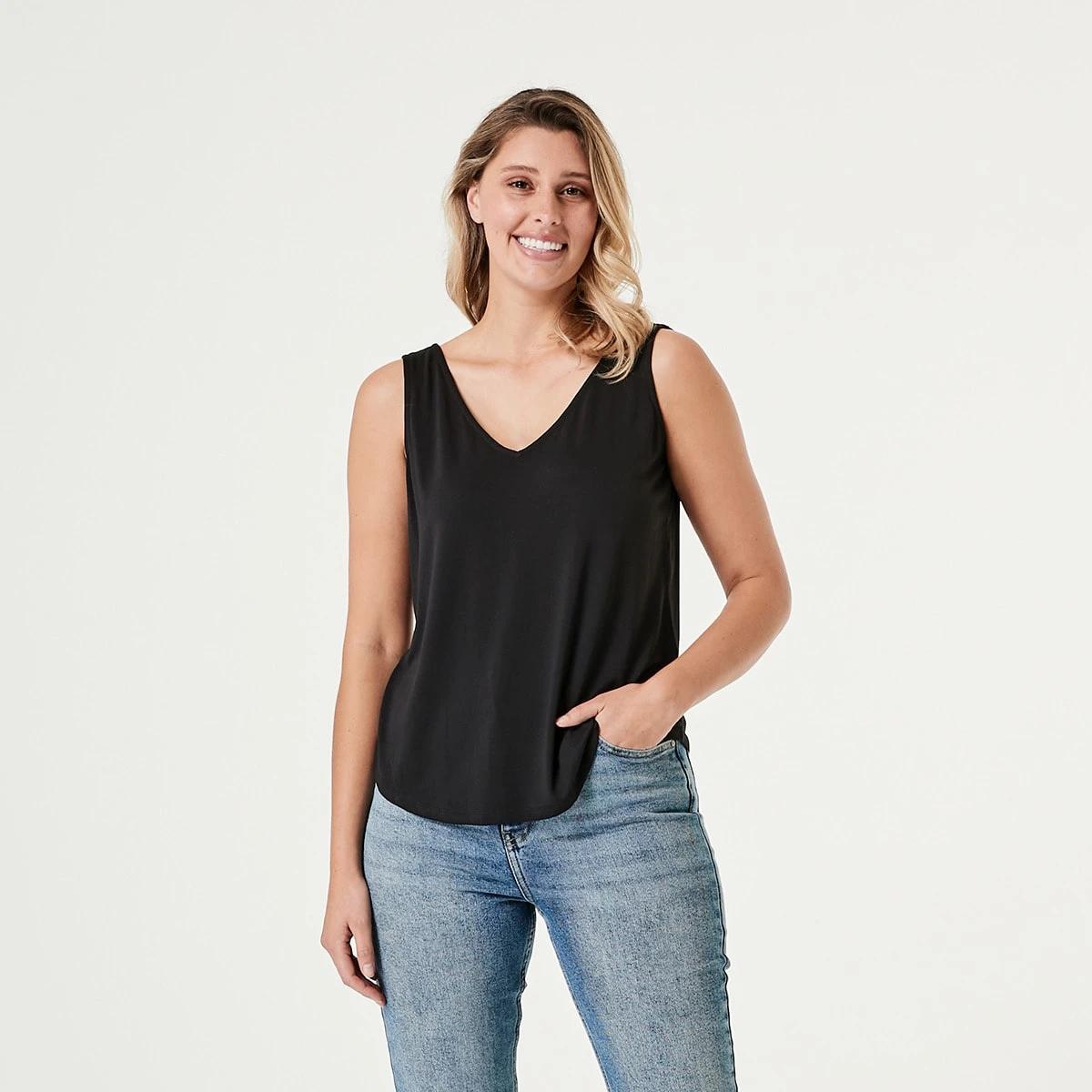 1 Sleeveless Double V-Neck Drape Tank Black, 1 of 4