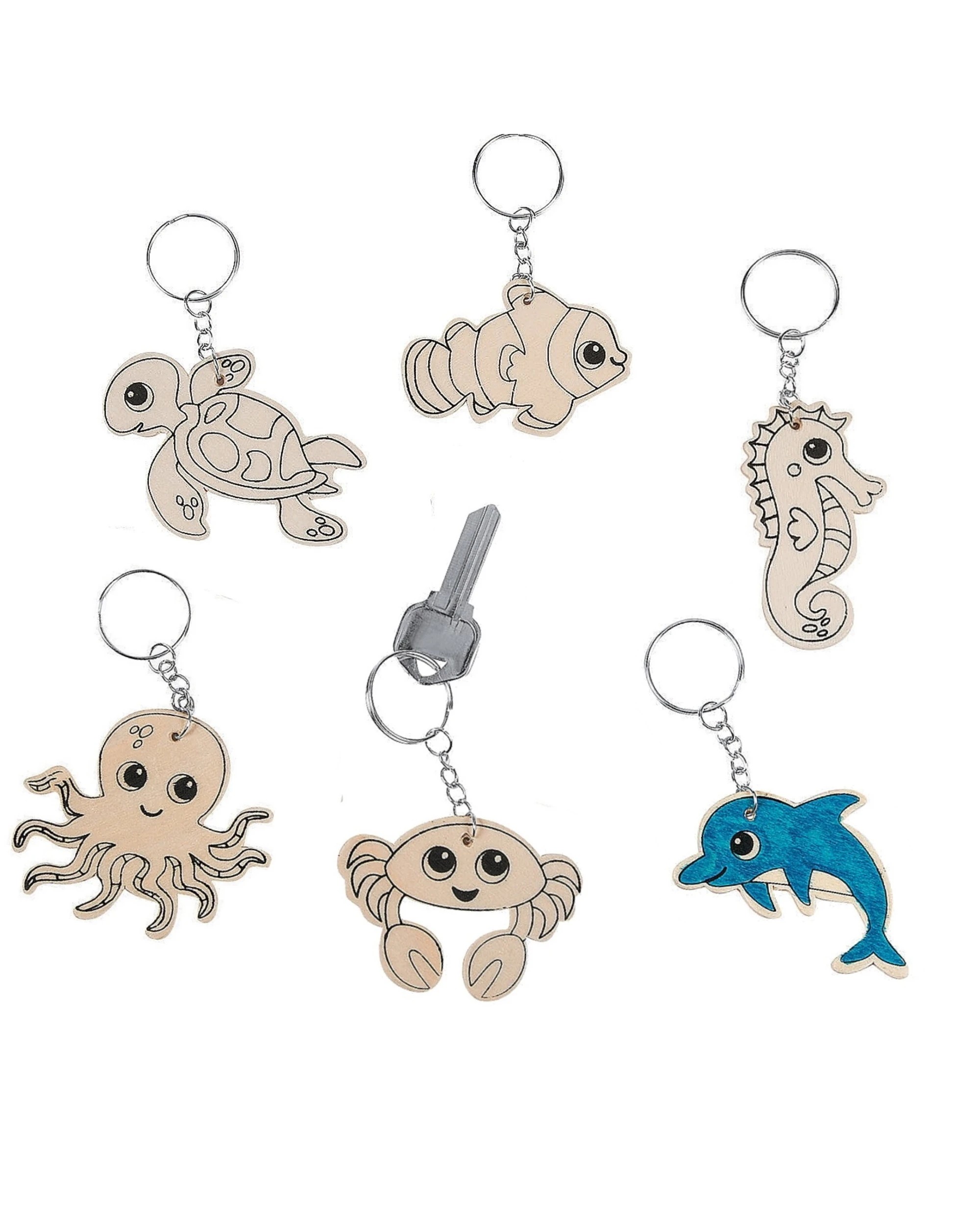 1 Partyrama Wooden Colour Your Own Sea Animal Keyrings Pack of 12, 1 of 2