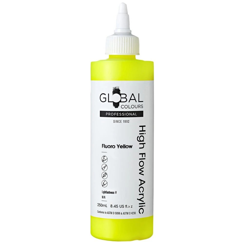 1 Global Colours High Flow Acrylic Paint 250mL Fluoro Yellow, 1 of 2