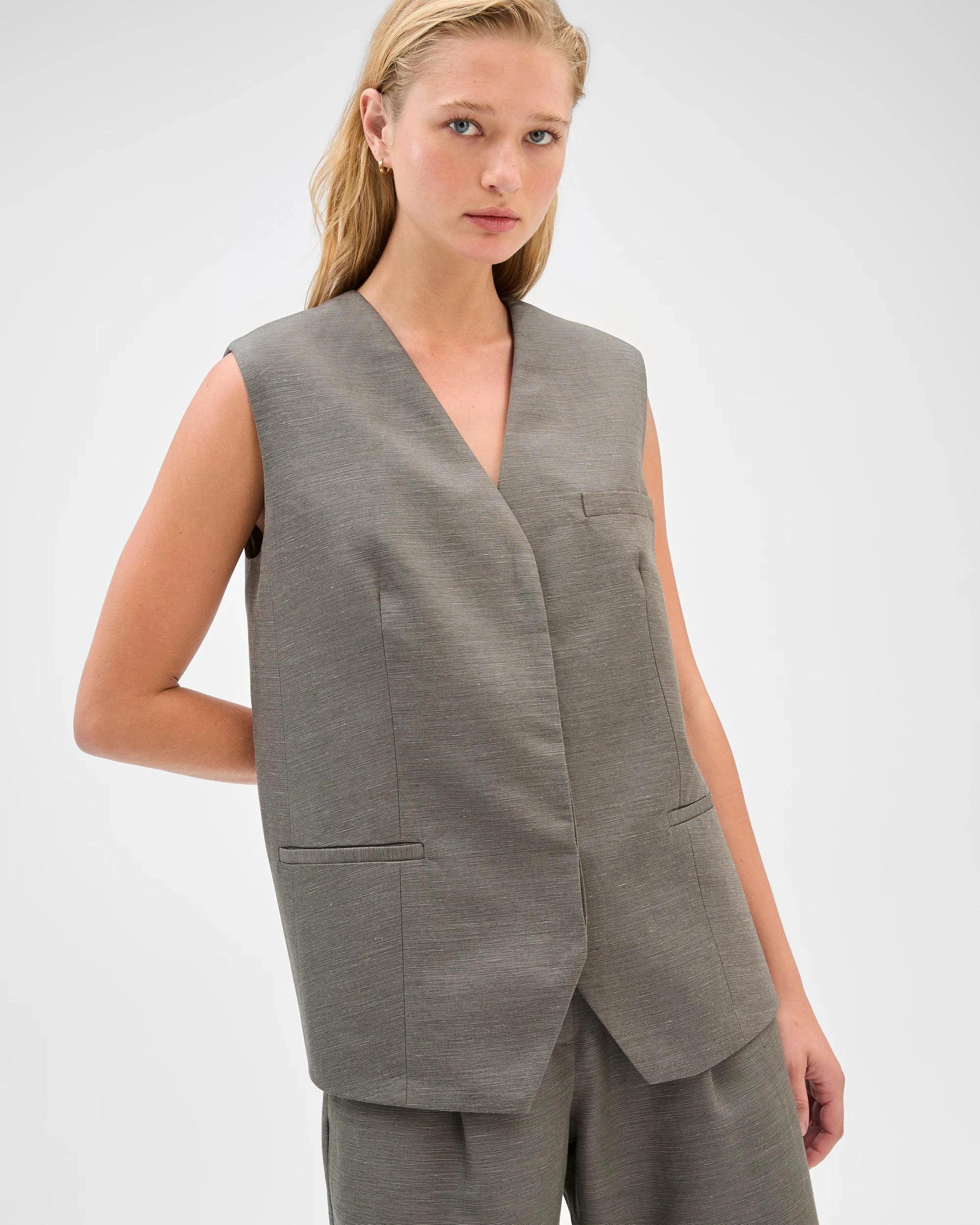 2 Preview Lyocell Linen Blend Sleeveless Jacket GREY MELANGE, 2 of 7