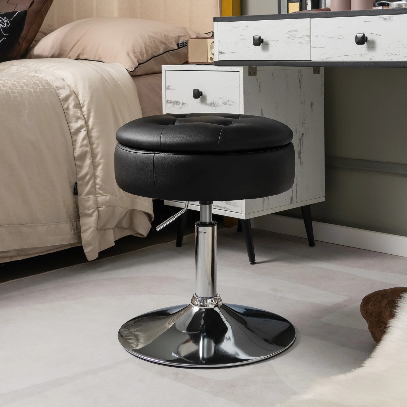 2 Costway Swivel Stool PU Leather w/Flipped Lid Storage Makeup Dressing Chair Side Table - Black, 2 of 4