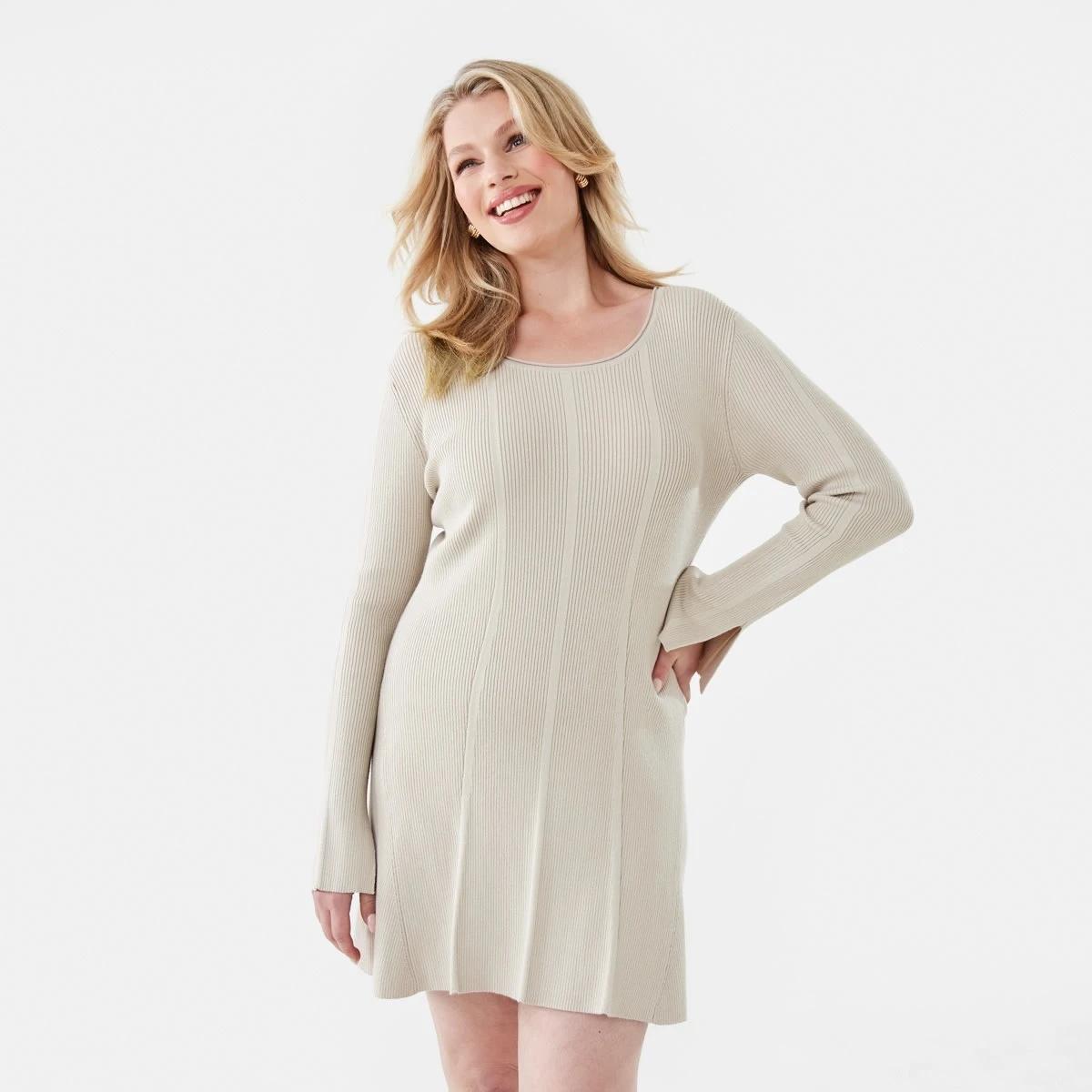 1 Long Sleeve Scoop Knit Skater Mini Dress Bone Beige, 1 of 10