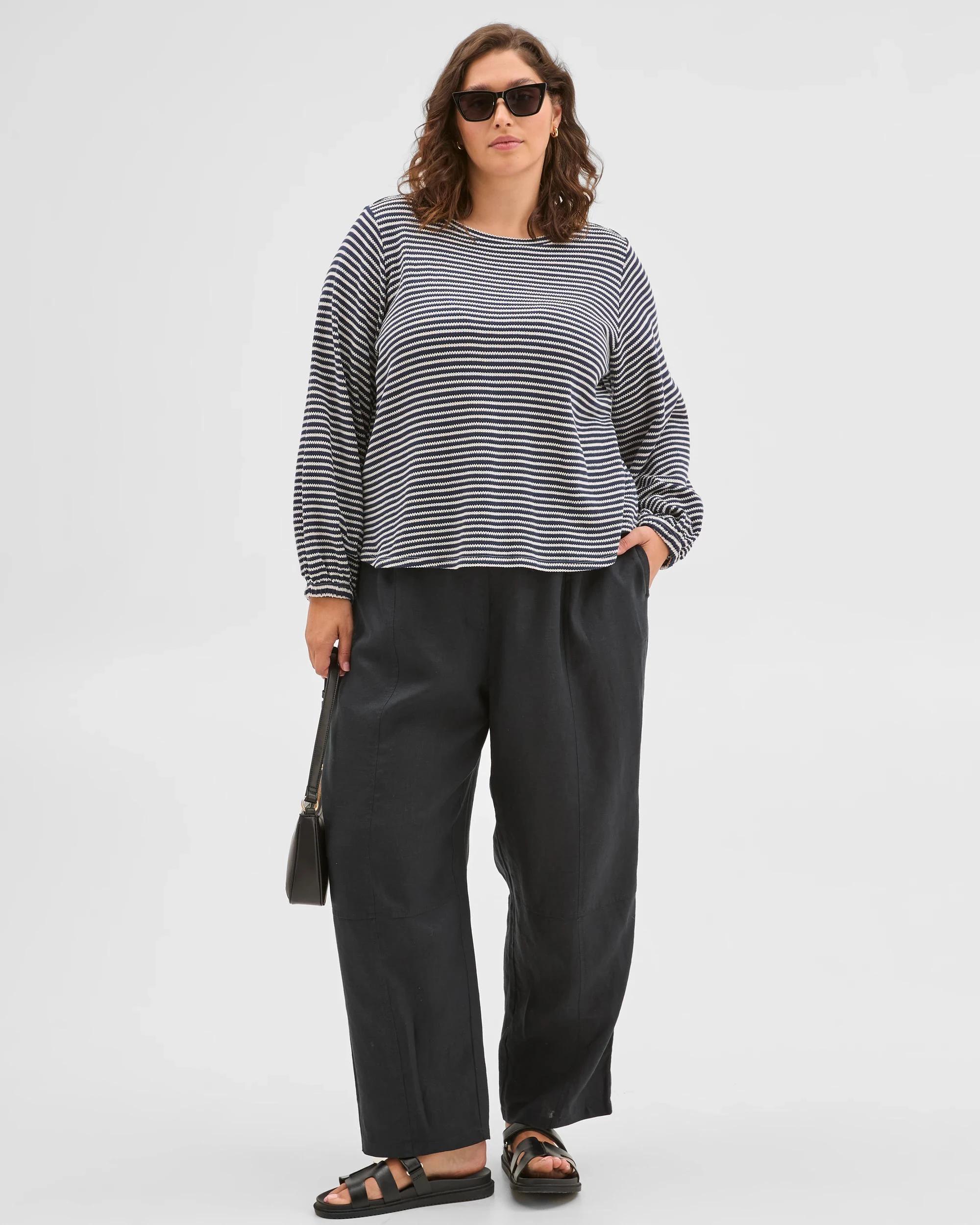 2 Target Curve Plus Size Australian Cotton Long Sleeve Stripe Textured Top NAVY BLAZER/CLOUD DANCER, 2 of 6