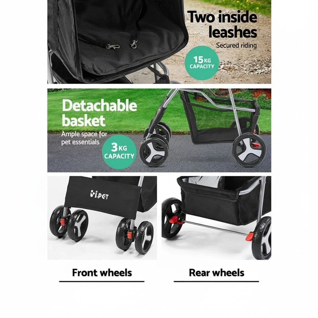 6 i.Pet Pet Stroller Pram Dog Cat Carrier Cage Travel Pushchair Foldable 4 Wheels - Black, 6 of 7