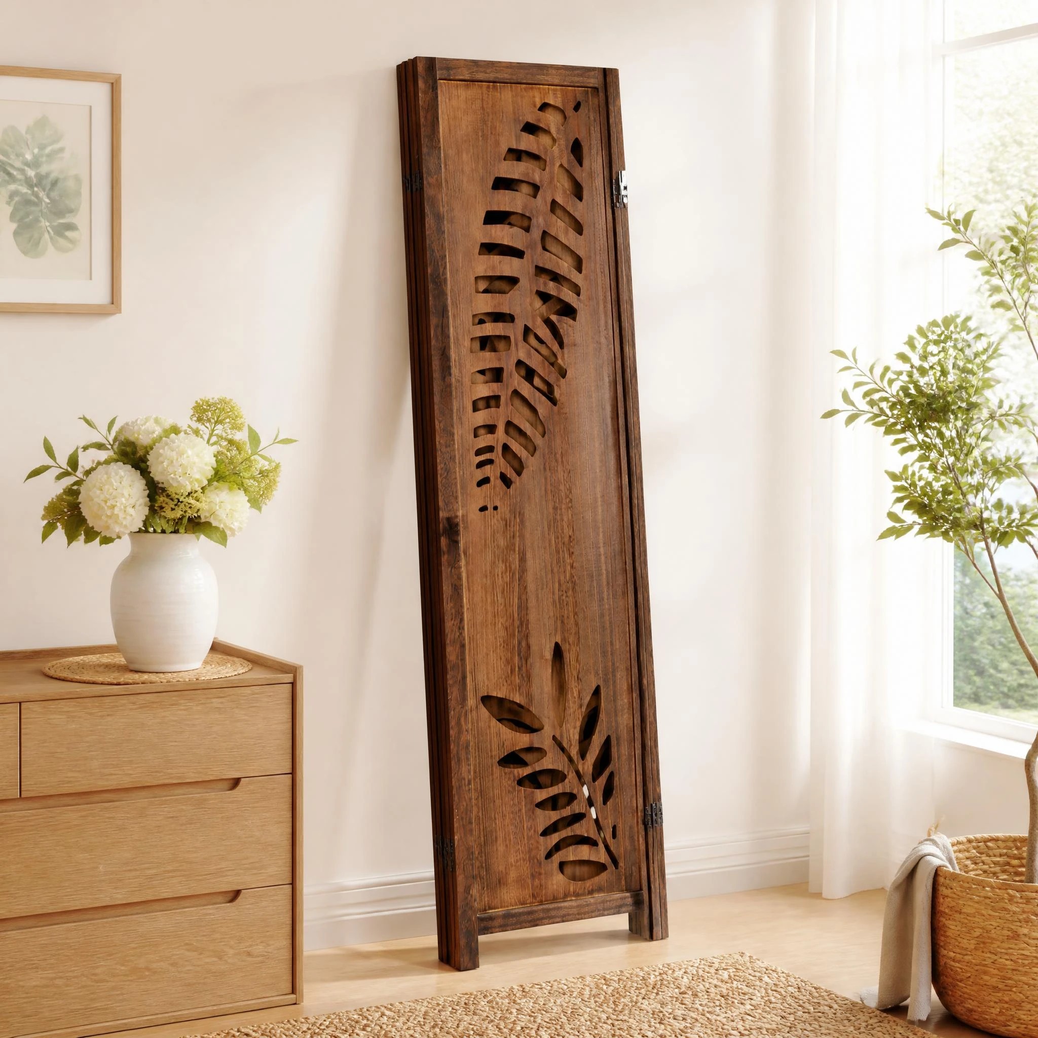 4 Costway 4-Panel Partition Room Divider w/Carved Leaf Pattern Folding Screen Privacy Stand, 4 of 6