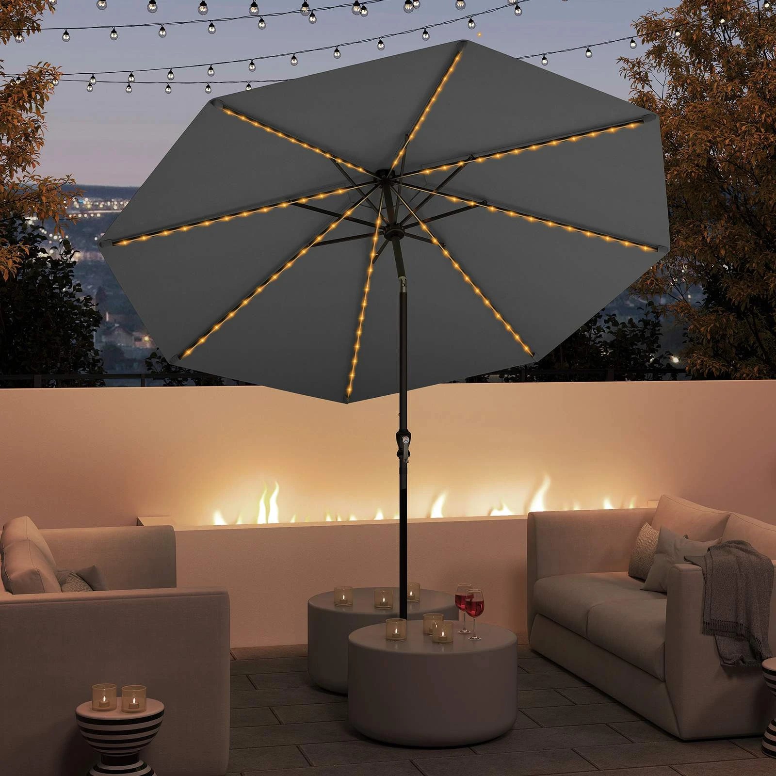 1 Costway Solar Patio Umbrella w/LED Lights Tilt Adjustment - Grey, 1 of 1