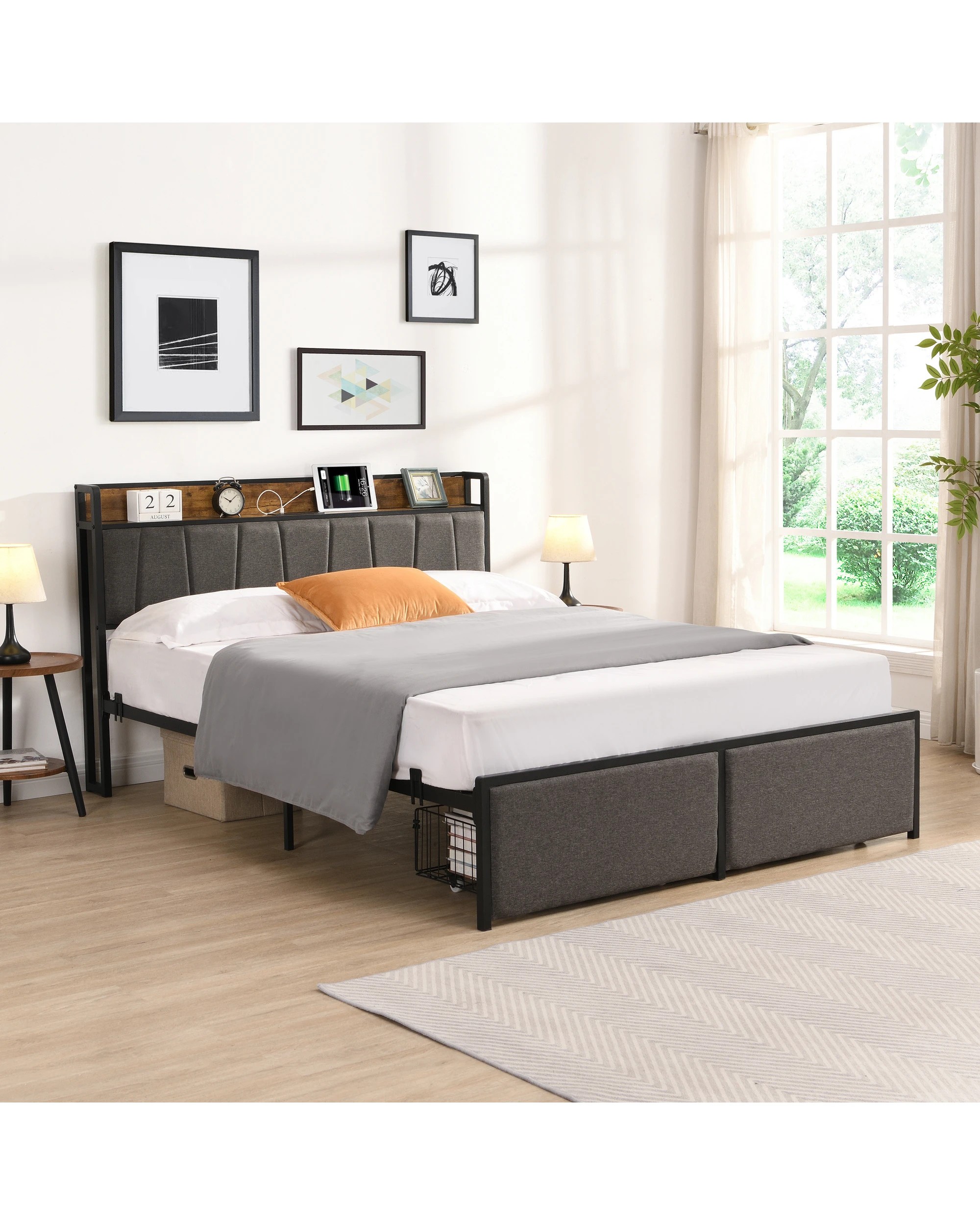 2 IHOMDEC BED04 Double Bed Frame Charging Station 2 Drawers - Grey - Grey, 2 of 10