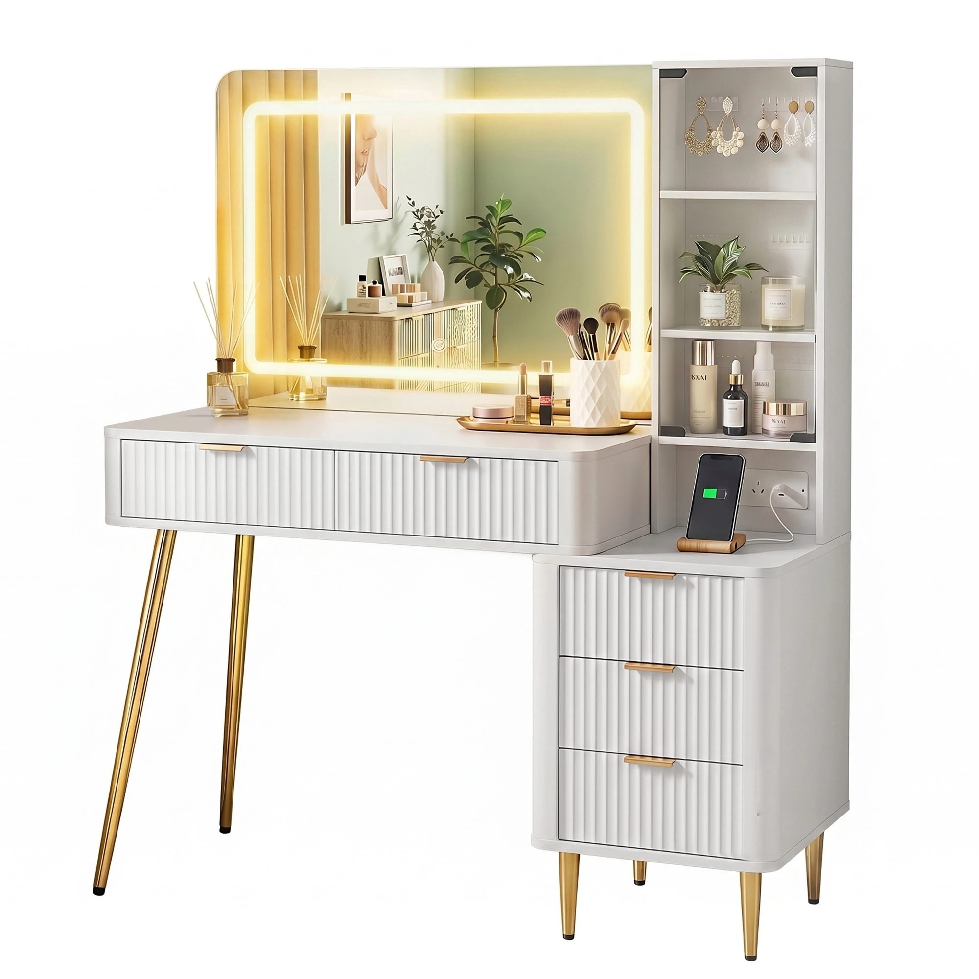 1 Artiss Dressing Table LED Mirror Vanity Desk Power Outlet Fluted Drawer - White, 1 of 9
