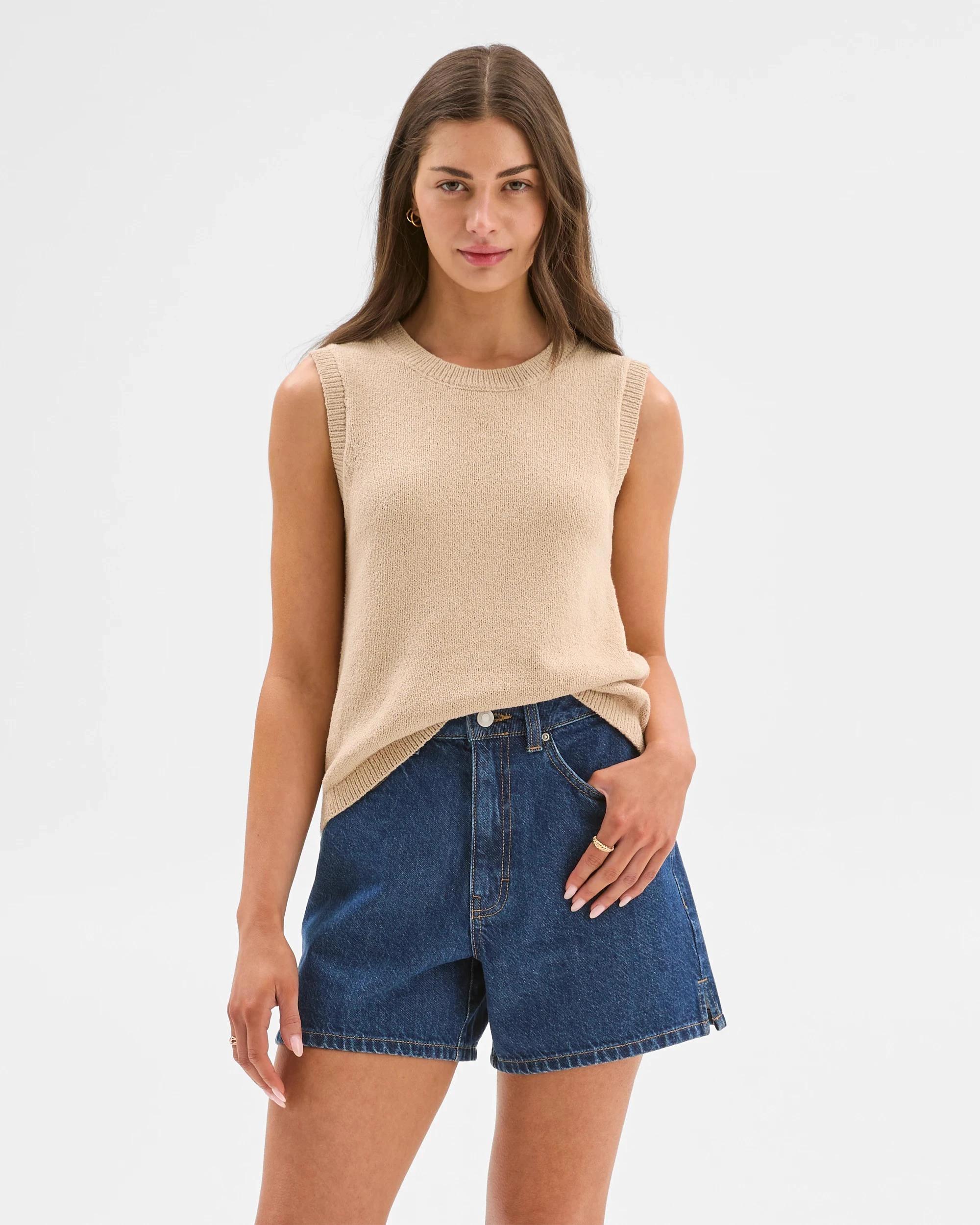 1 Target Petites Australian Cotton Blend Mini Boucle Knit Tank Top ASH BROWN, 1 of 6