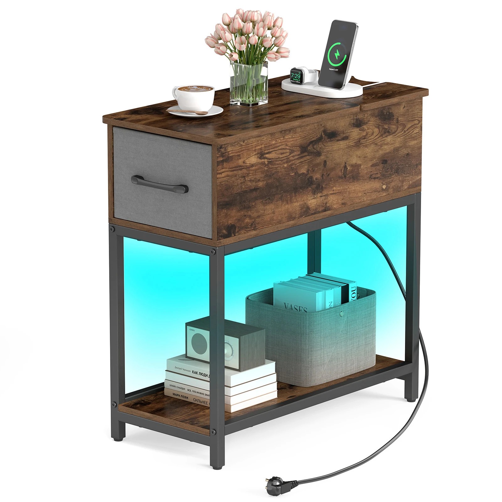 3 Costway Industrial End Side Table w/Charging Station LED Narrow Nightstand, 3 of 3