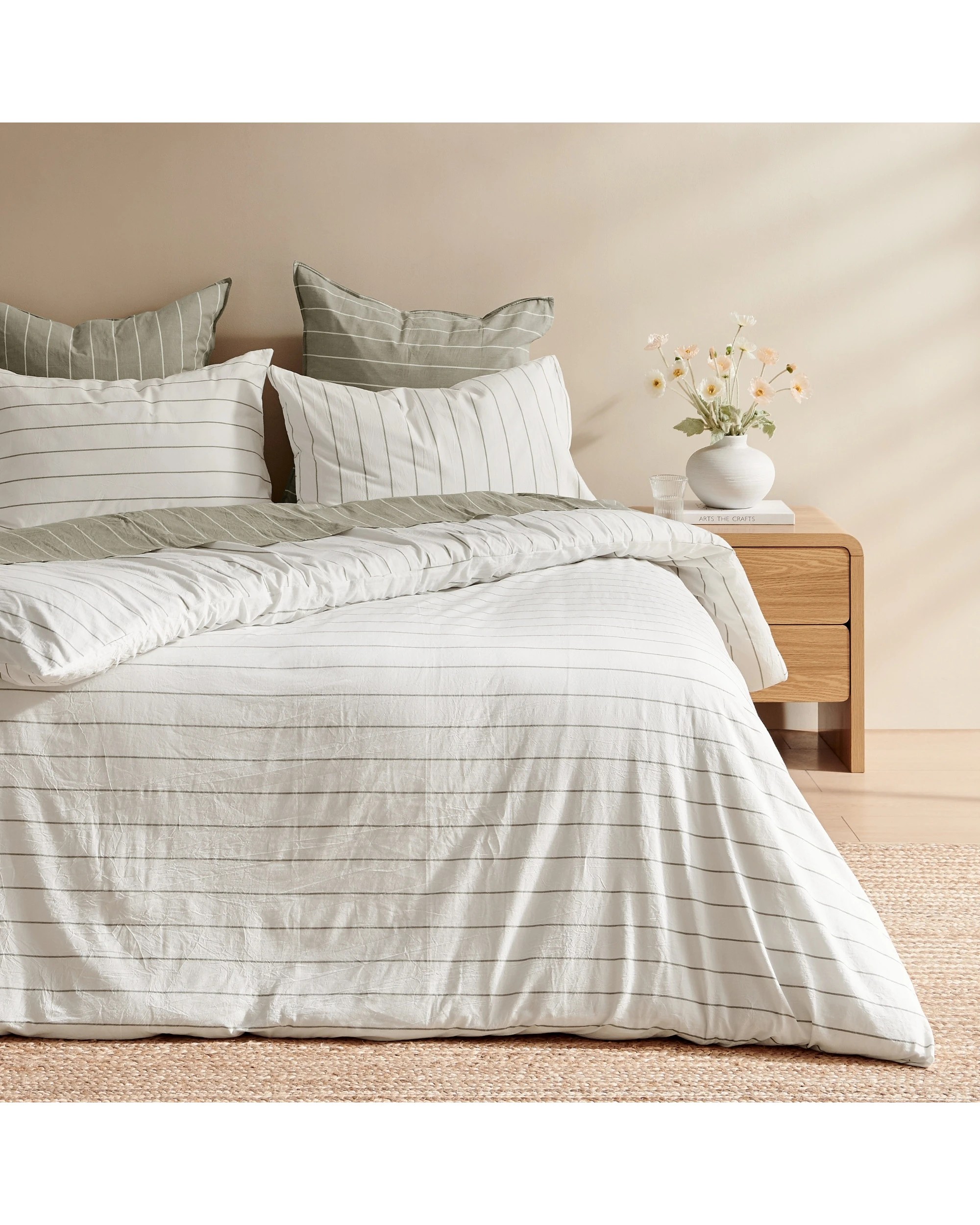 2 Dreamaker Rumi Stripe Washed Cotton Reversible Quilt Cover Set - Queen Bed - White with Olive, 2 of 6