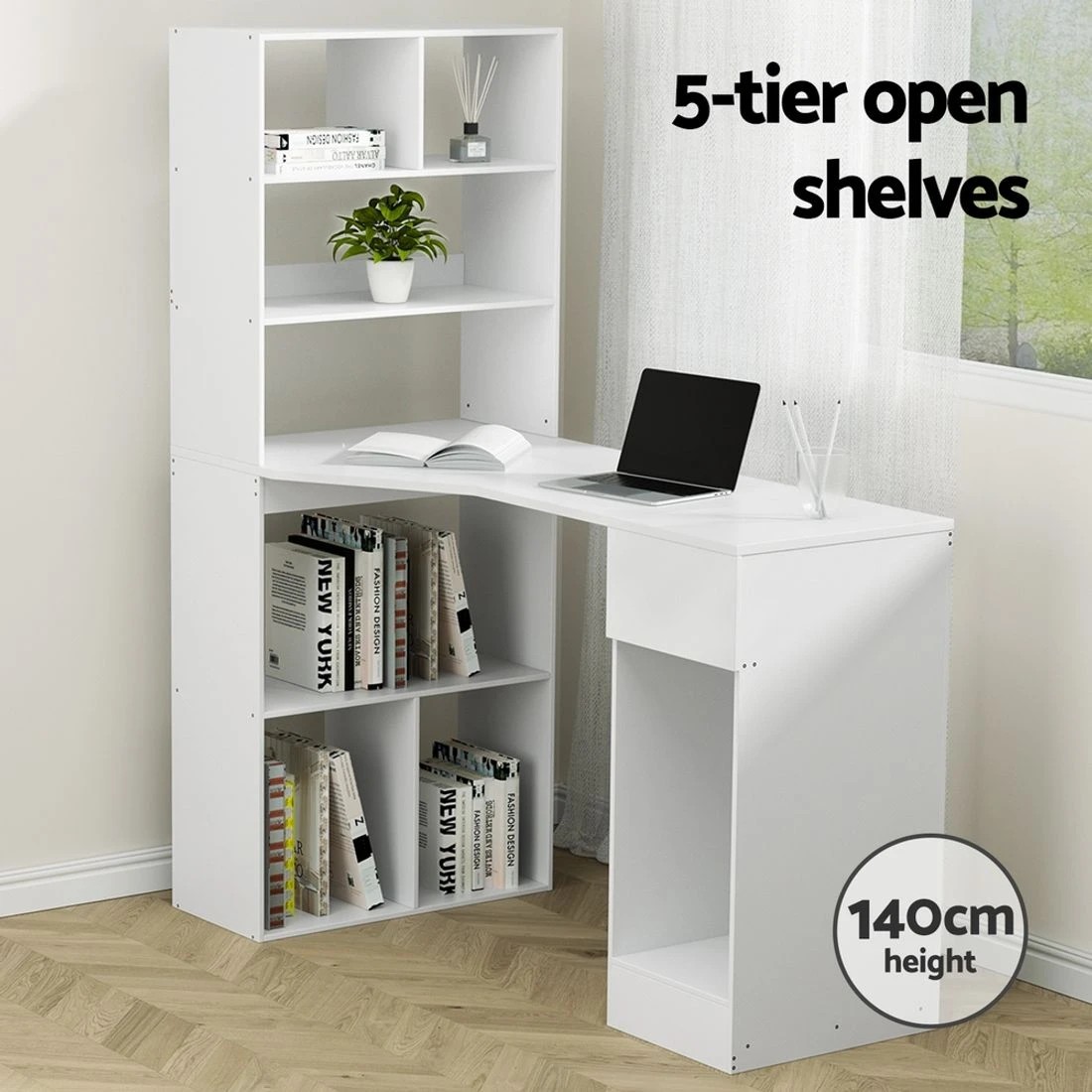 5 Artiss 120cm Computer Desk with Bookshelf Drawer Cabinet Storage Workstation Space Saving Home Office Organizer - white, 5 of 7