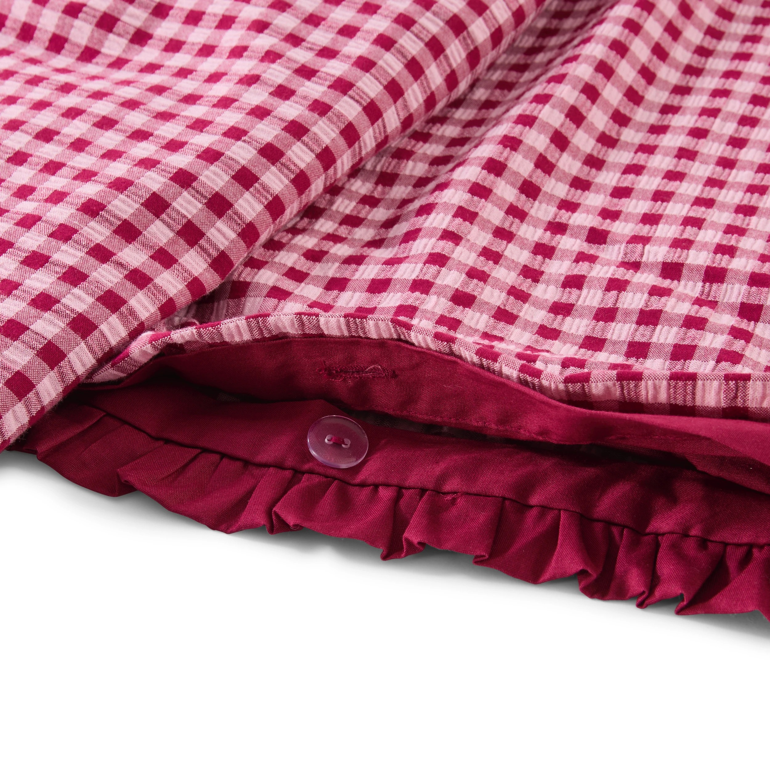 5 Gingham Ruffle Cotton Quilt Cover Set - Queen Bed, Berry, 5 of 7