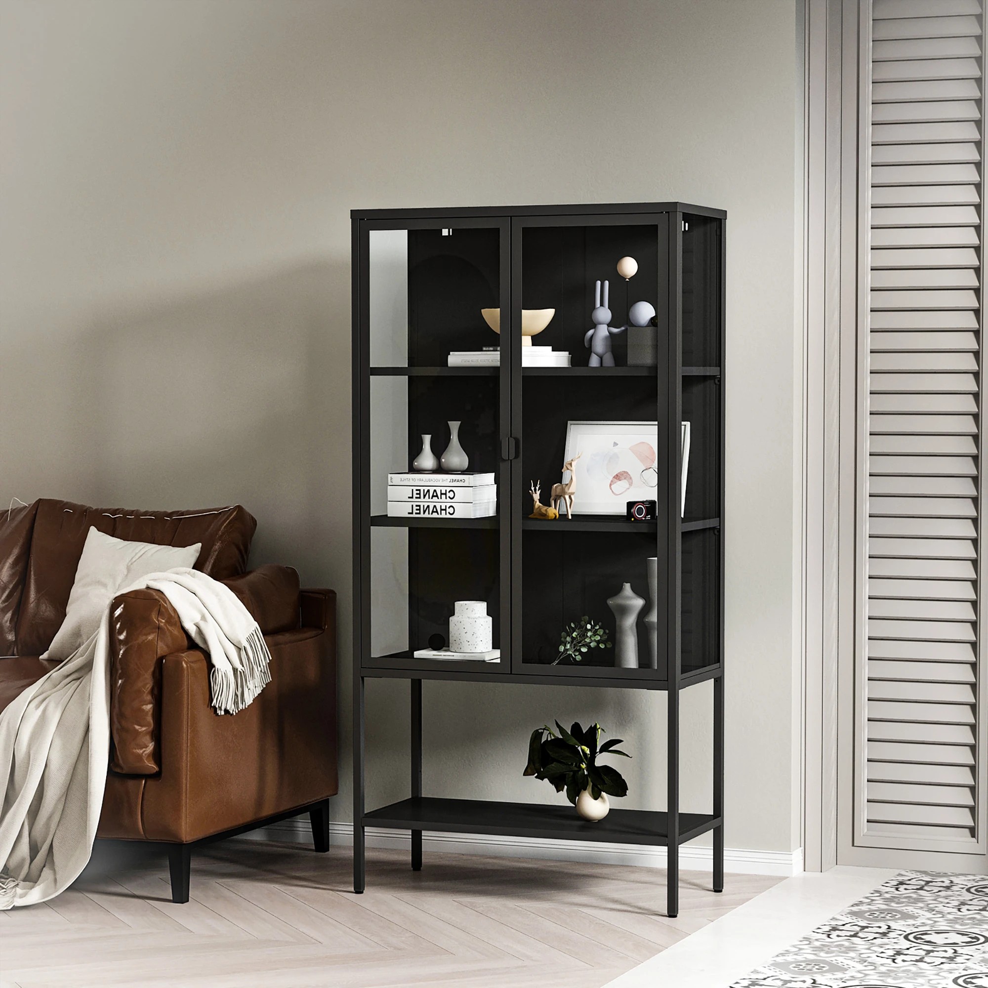 7 Stacked Glass Display Cabinet 4-Tier Doubel Doors - Black, 7 of 9