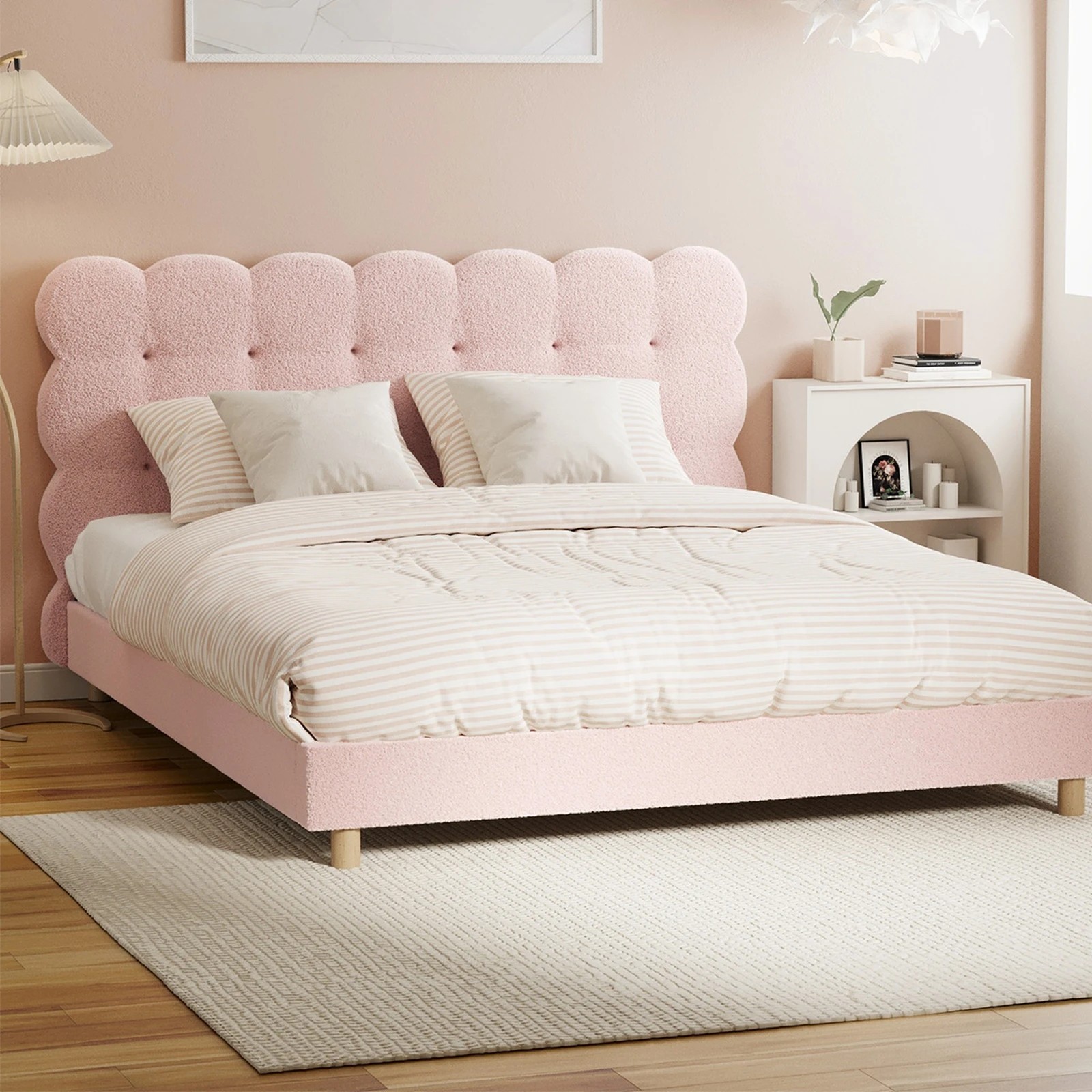 2 Oikiture Queen Bed Tufted Bedhead Boucle Bed Frame
 - Pink, 2 of 10