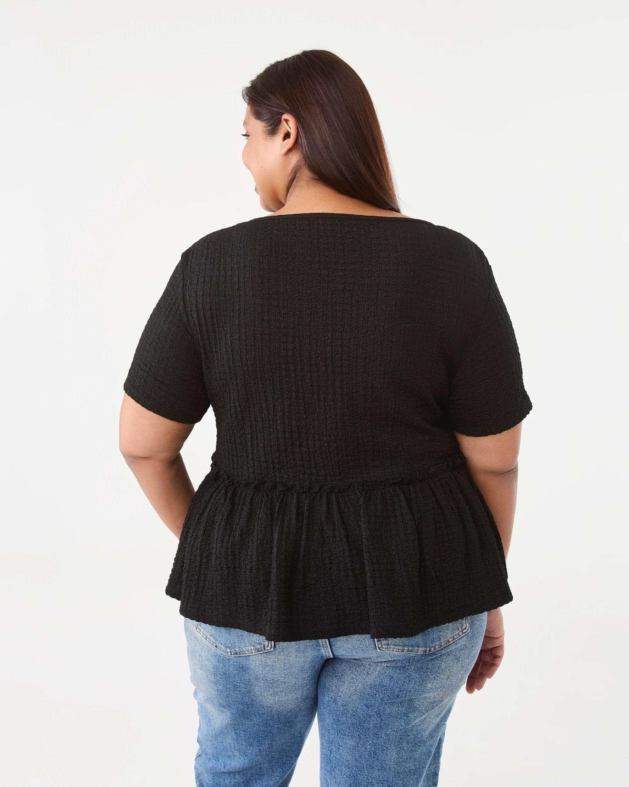 3 Curve Short Sleeve Textured Peplum Top Black, 3 of 7
