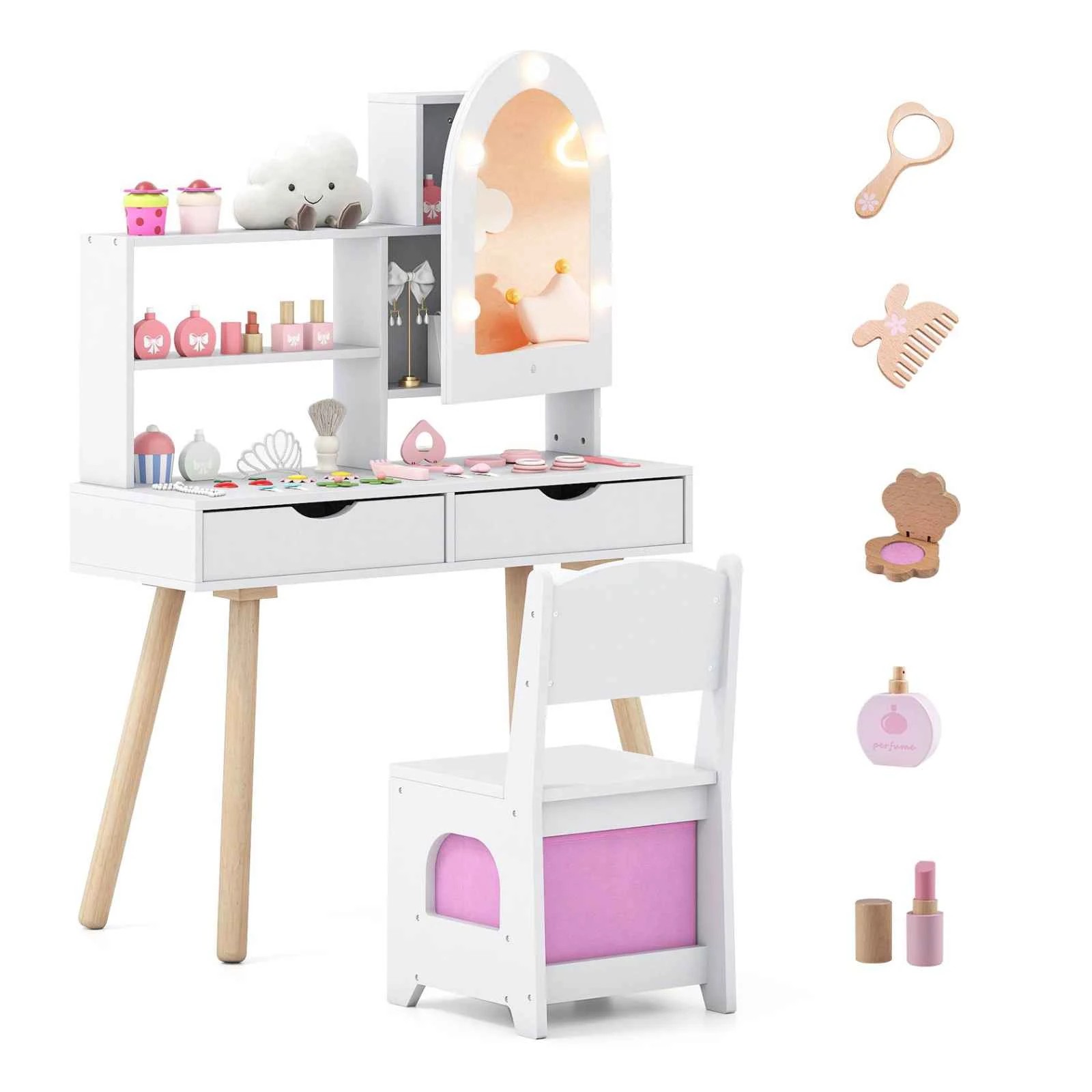 Costway Pretend Play Dressing Table Set Princess Makeup Desk - White - Kmart