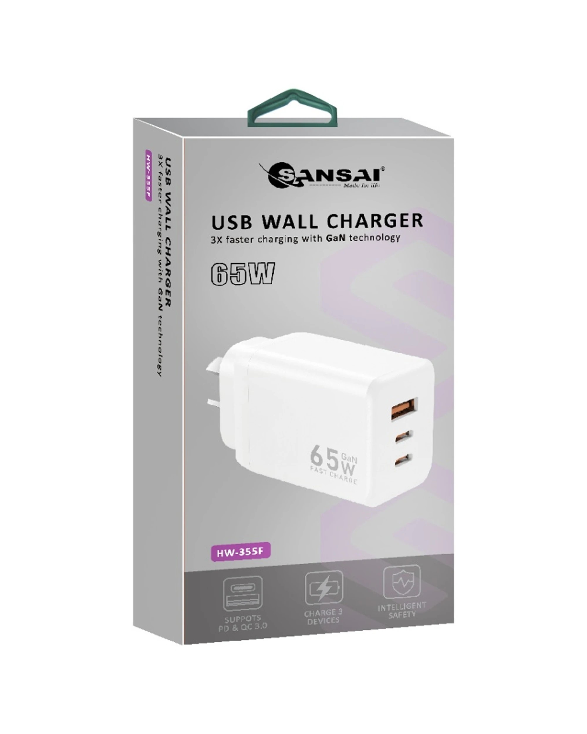 2 Sansai 65W GaN Charger Fast 3-Port USB-C USB-A Charging Travel Adapter - White, 2 of 3