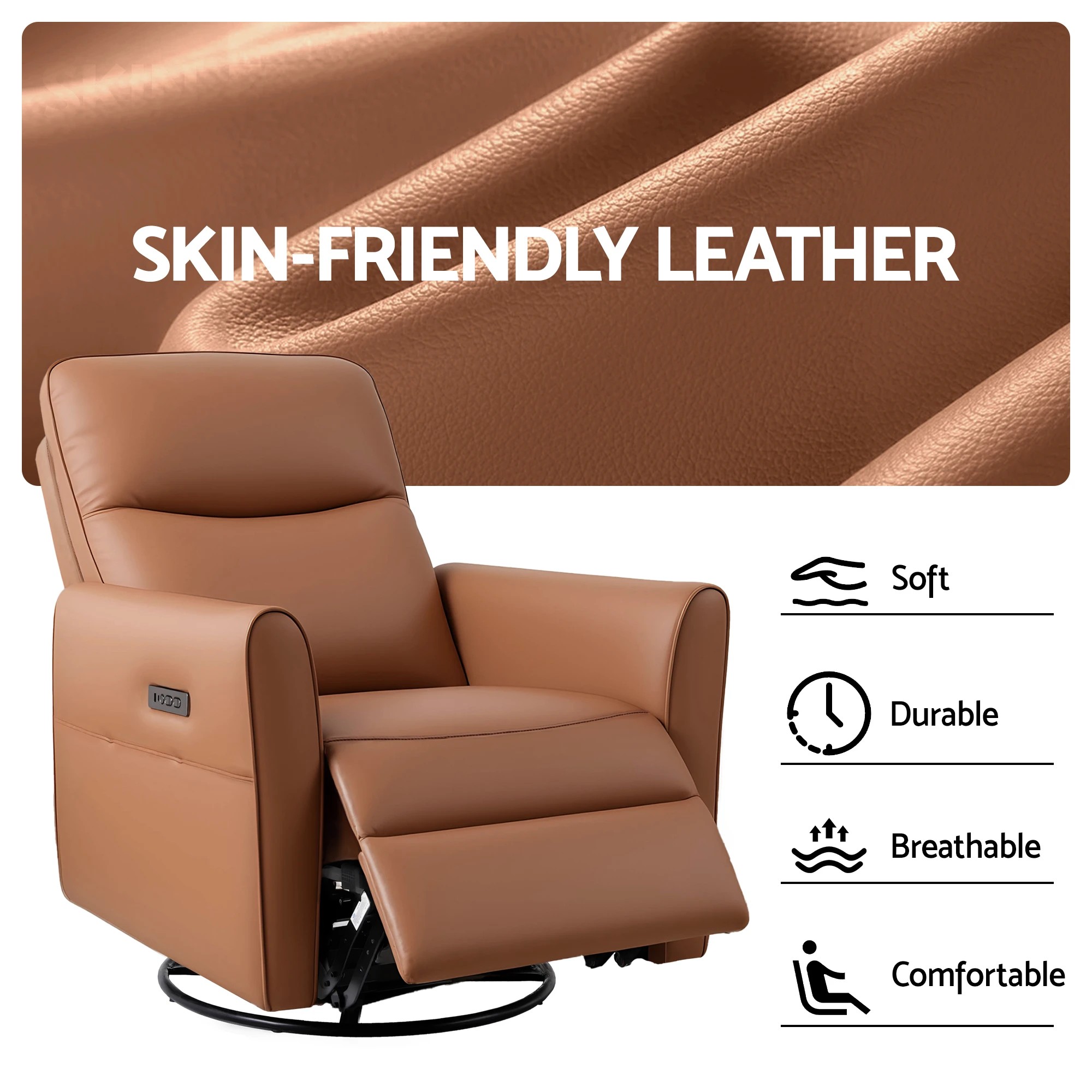 3 Artiss Swivel Recliner Chair Leather Rocking Reclining Sofa​ with Charging Ports - Brown, 3 of 6