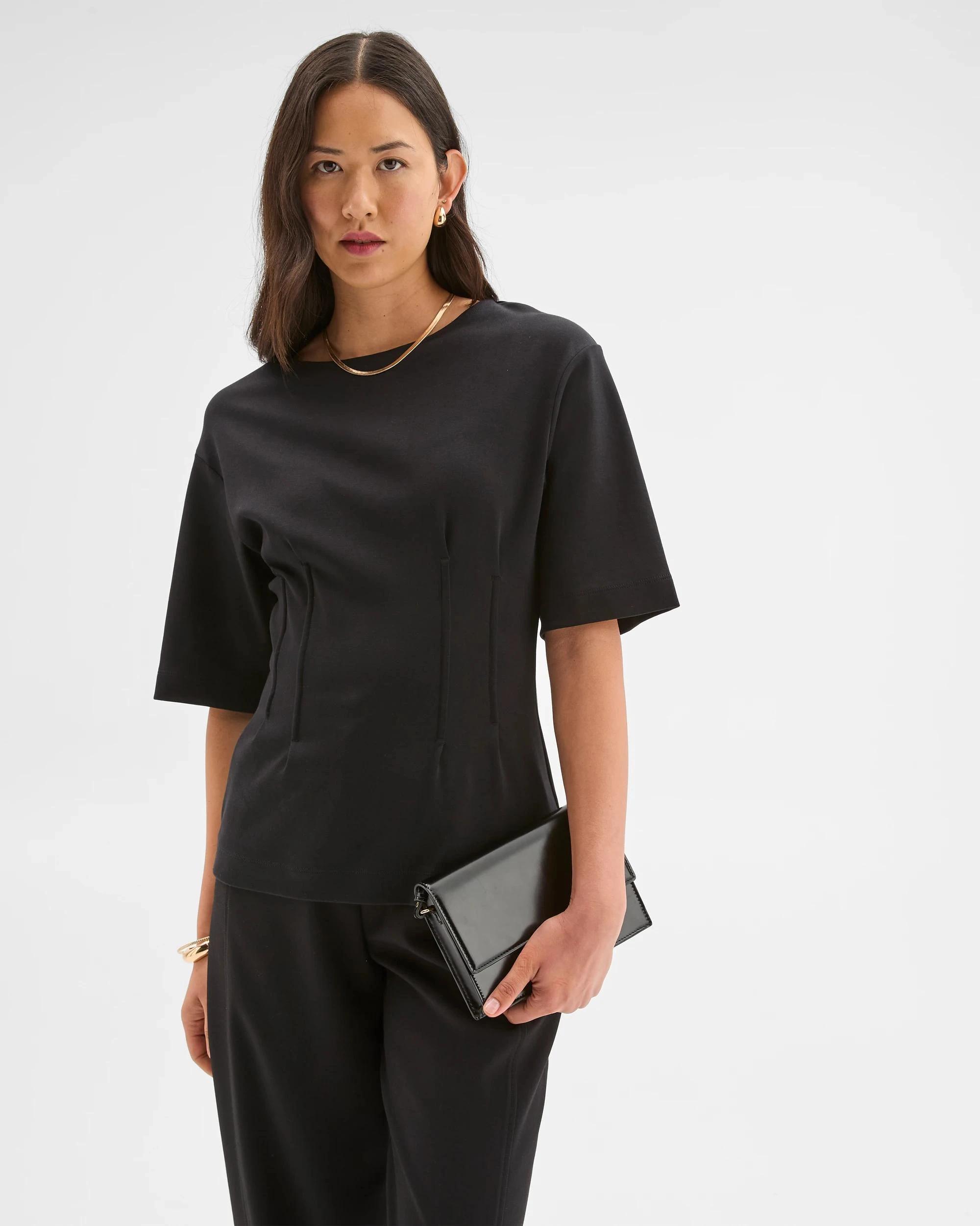 5 Preview Australian Cotton Blend Short Sleeve Knit Waisted Top BLACK, 5 of 9