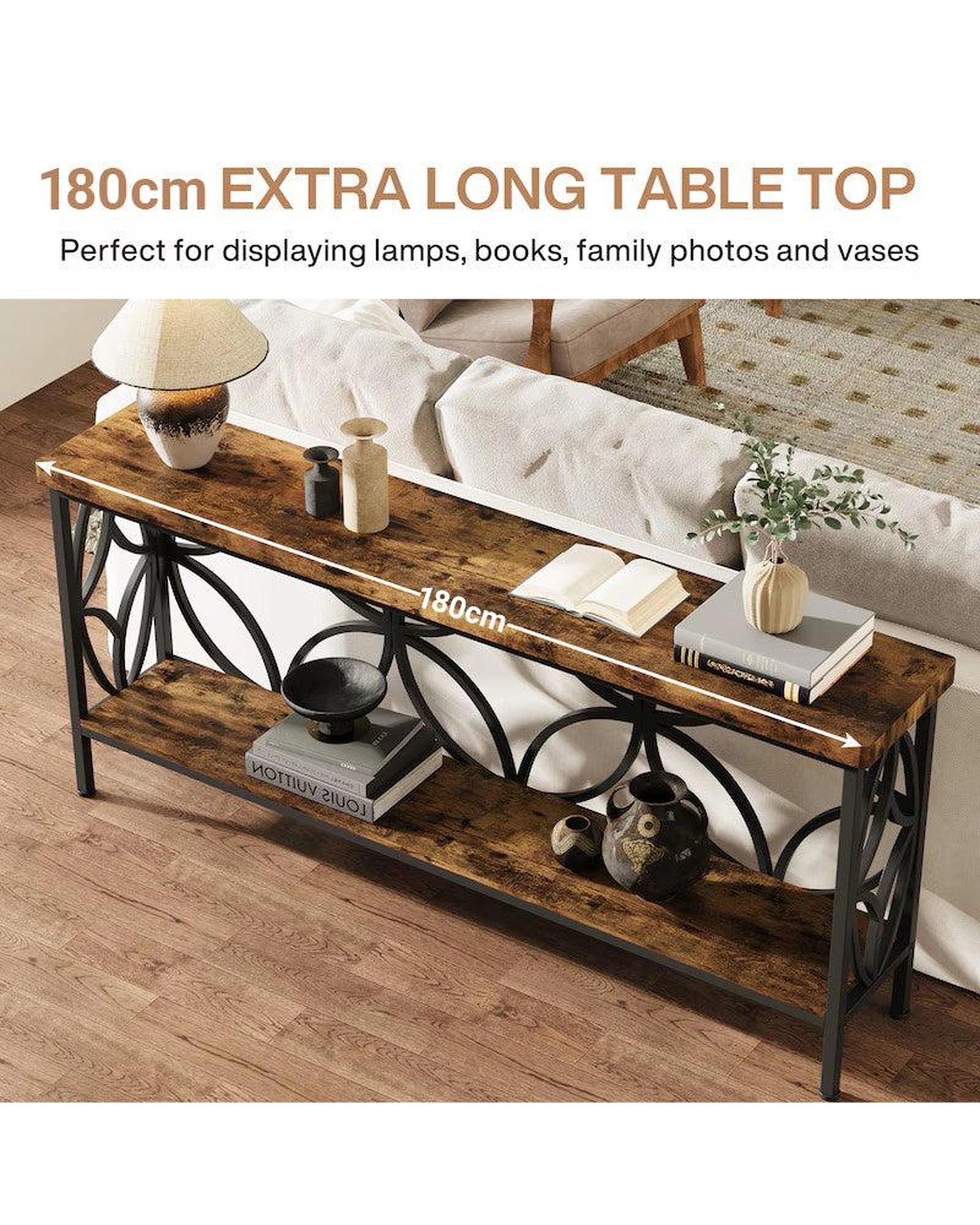6 OAKORY 180cm Retro Console Table, Hallway Table with Rustic Brown Shelves & Black Metal Frame, 6 of 8