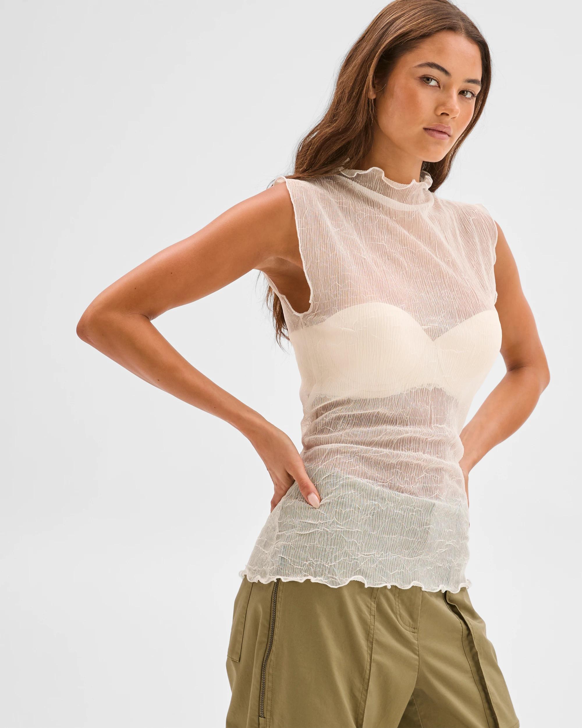 5 Lily Loves Sheer Plisse Sleeveless Top VANILLA, 5 of 7