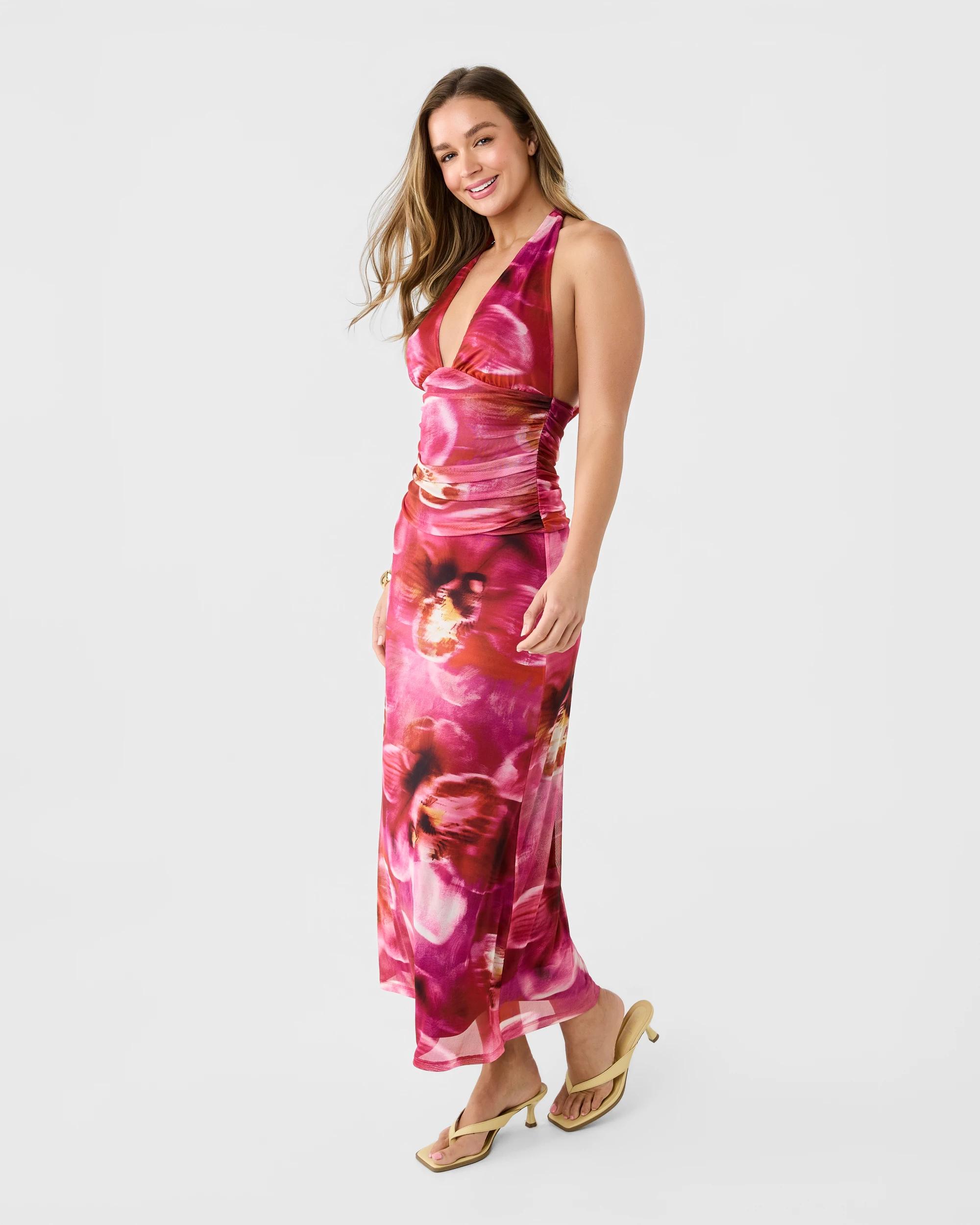 2 Sleeveless Mesh Halter Midi Dress Orchid, 2 of 9