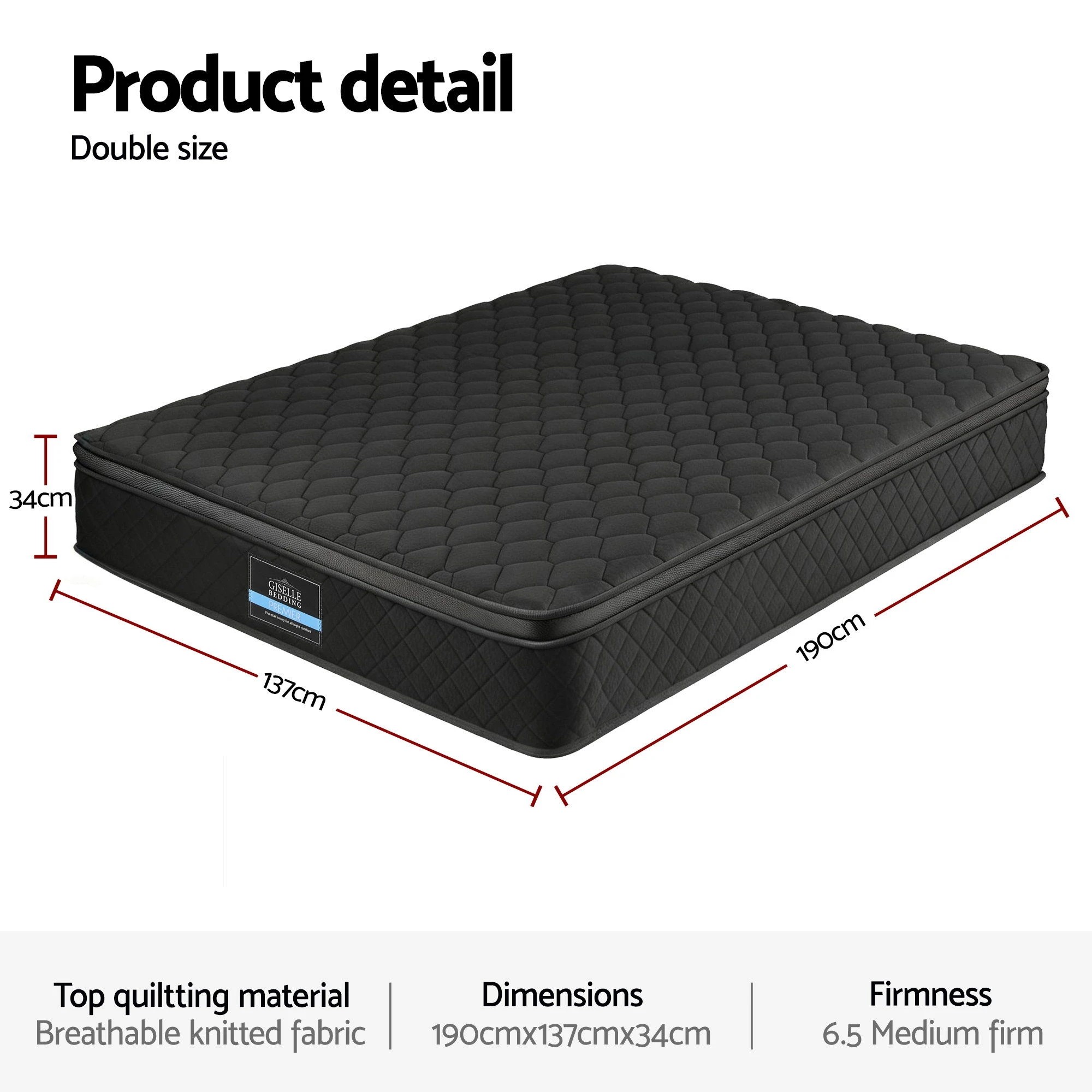 2 Giselle Bedding Double Mattress 34cm Euro Top with 5-Zone Pocket Spring Support - Double Bed - Black, 2 of 3