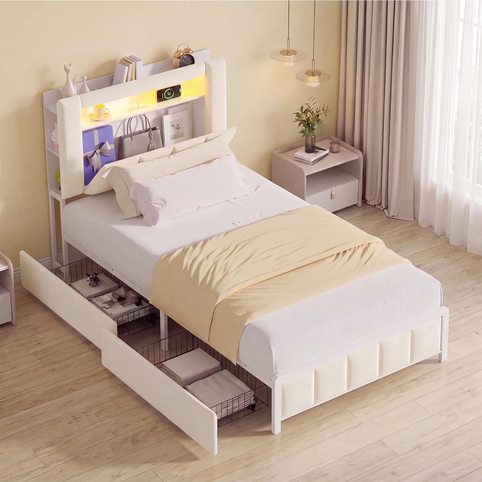 7 Advwin Kingsingle Bed Frame with LED Shelves and Charging Station - Beige, 7 of 7
