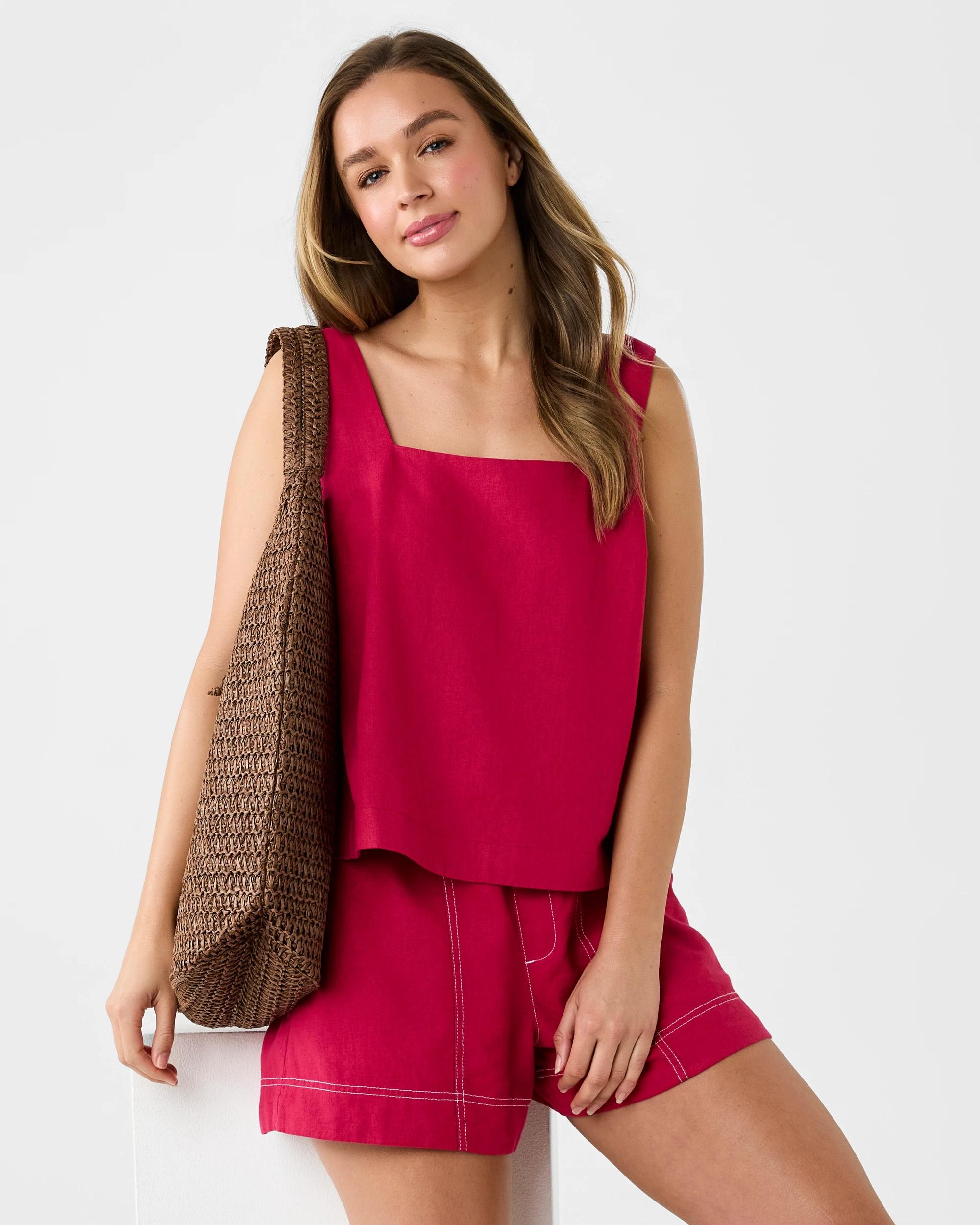 6 Sleeveless Linen Blend Square Neck Tank Dark Pink, 6 of 6