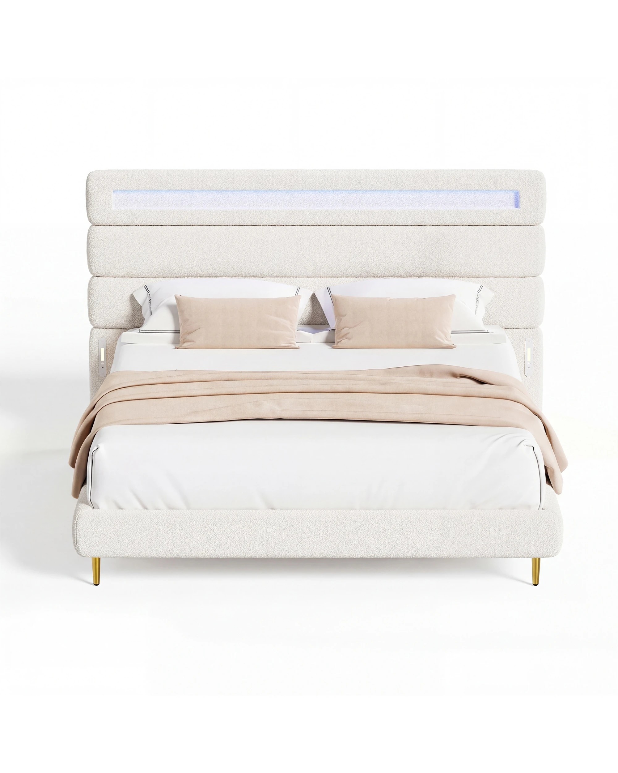 8 Advwin Double Cloud Bed Frame Teddy Fleece Upholstered LED Light Charging Ports - White, 8 of 8