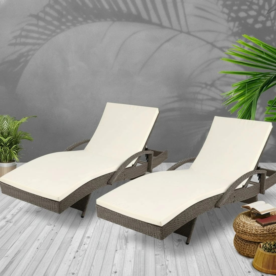 6 Gardeon 2PC Sun Lounge Wicker Lounger Outdoor Furniture Beach Chair Adjustable Cushion - Grey, 6 of 6