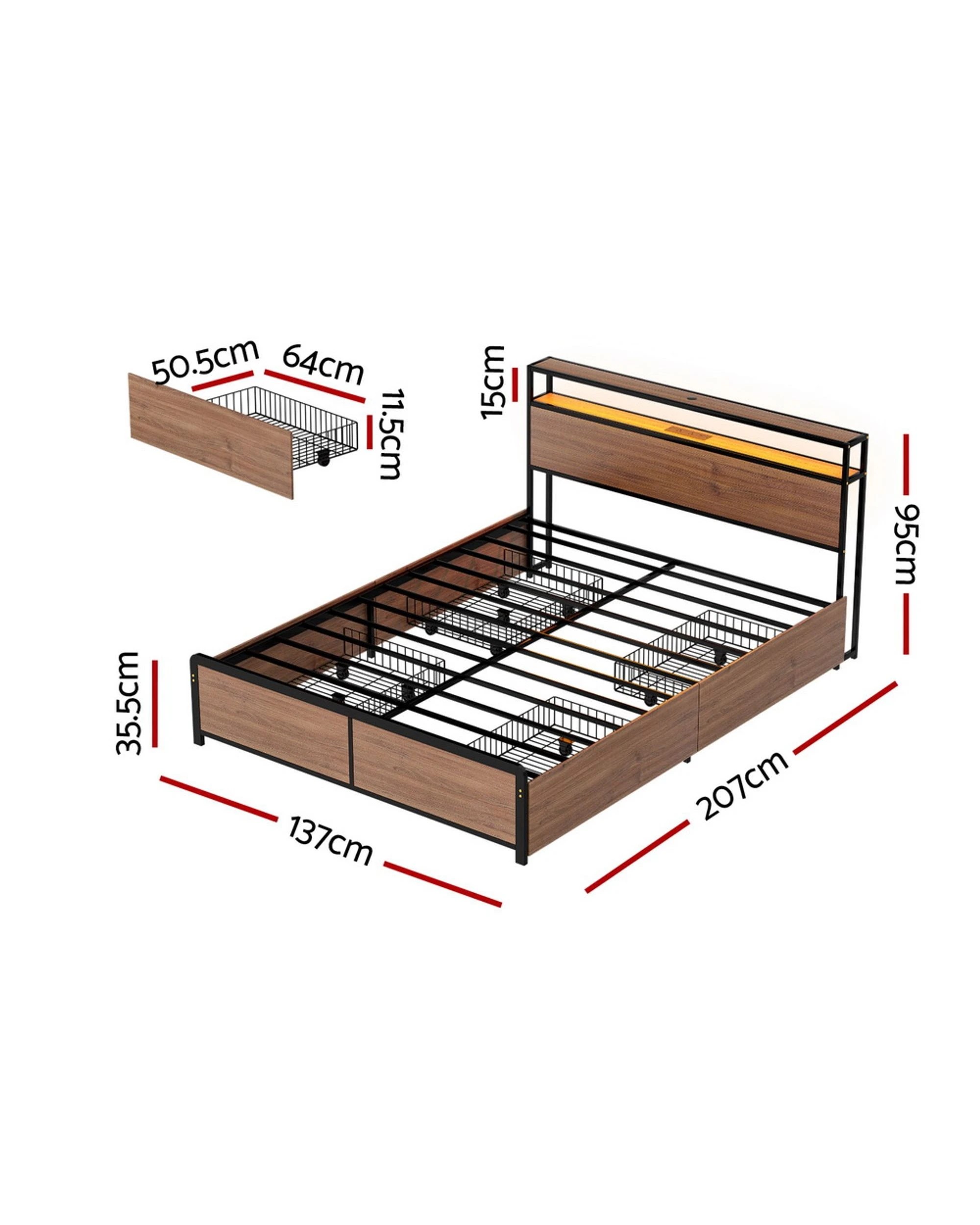 2 Artiss Metal Bed Frame Double Size LED Storage Headboard USB Charge 4 Drawers - Black, 2 of 4