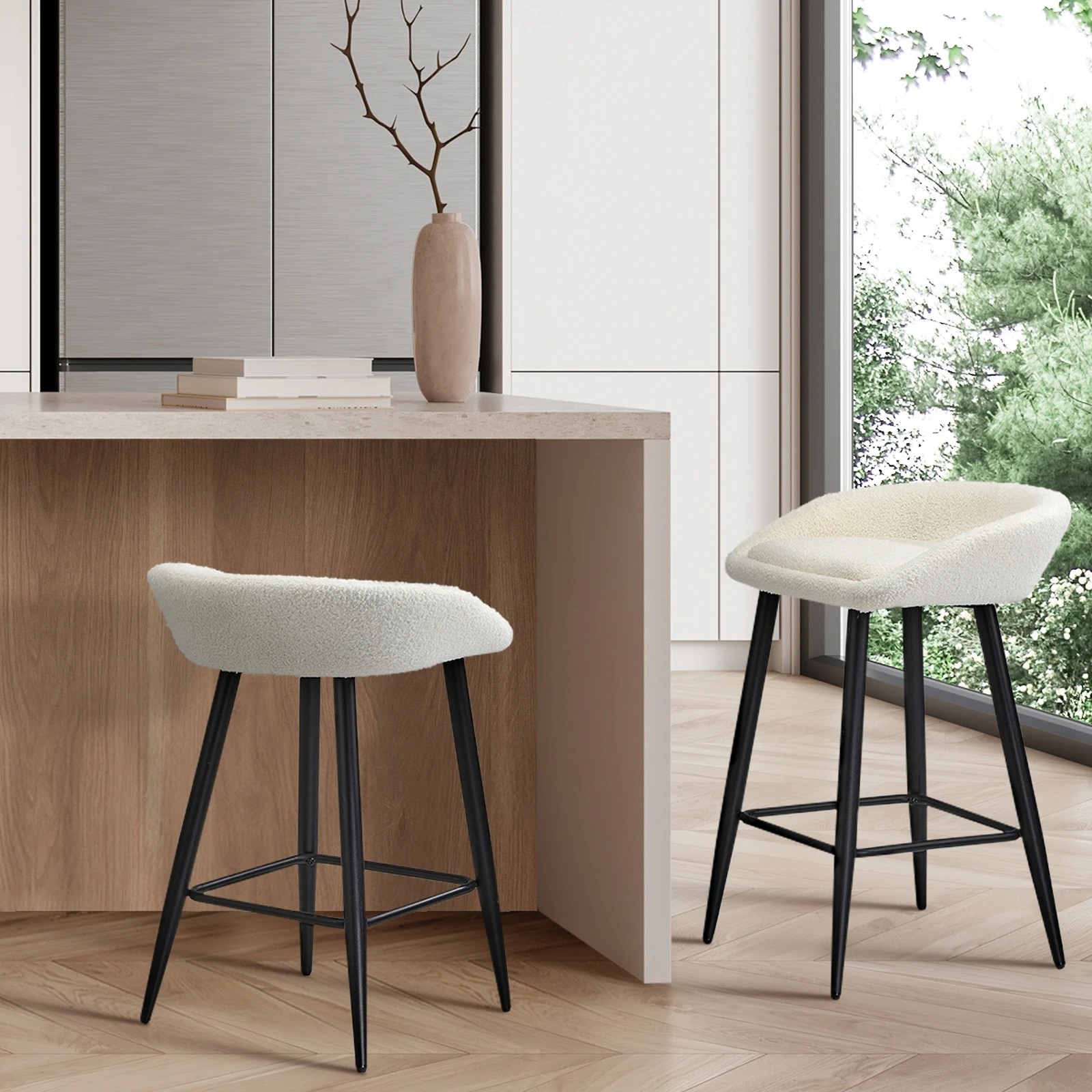 3 Oikiture Bar Stools Set Of 2 Kitchen Dining Chairs Counter Stool Boucle
 - White, 3 of 9