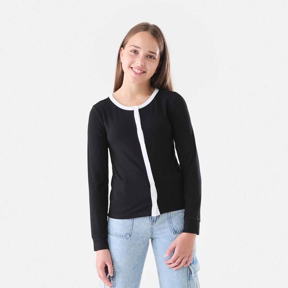 1 Button Through Rib Cardigan Black, 1 of 6