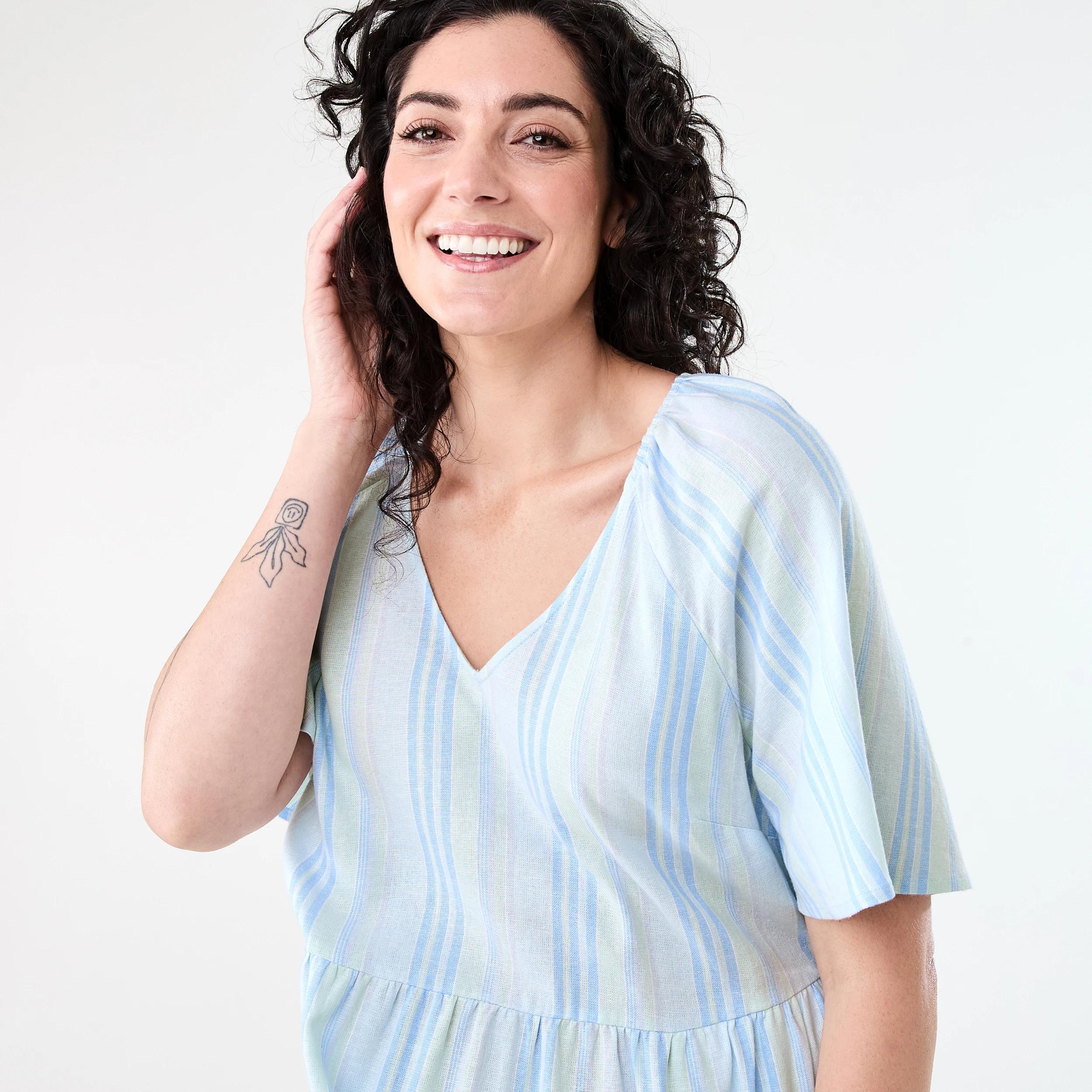 4 Short Sleeve Linen Blend Tiered Mini Dress Strp Spun, 4 of 9