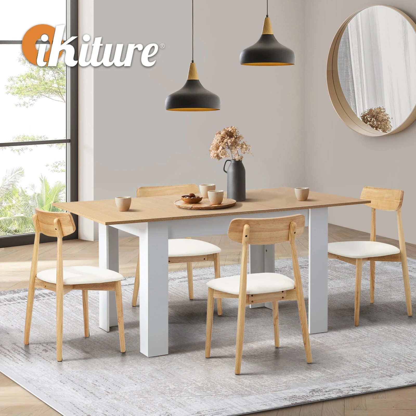6 Oikiture 160cm Extendable Dining Table with 4x Dining Chairs PU Leather - Multi, 6 of 9