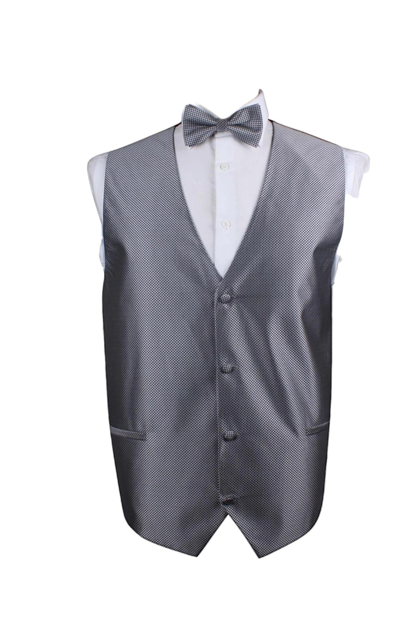 2 Zasel Mens Checkered Patterned Vest Waistcoat & Matching Bow Tie DARK SILVER, 2 of 2