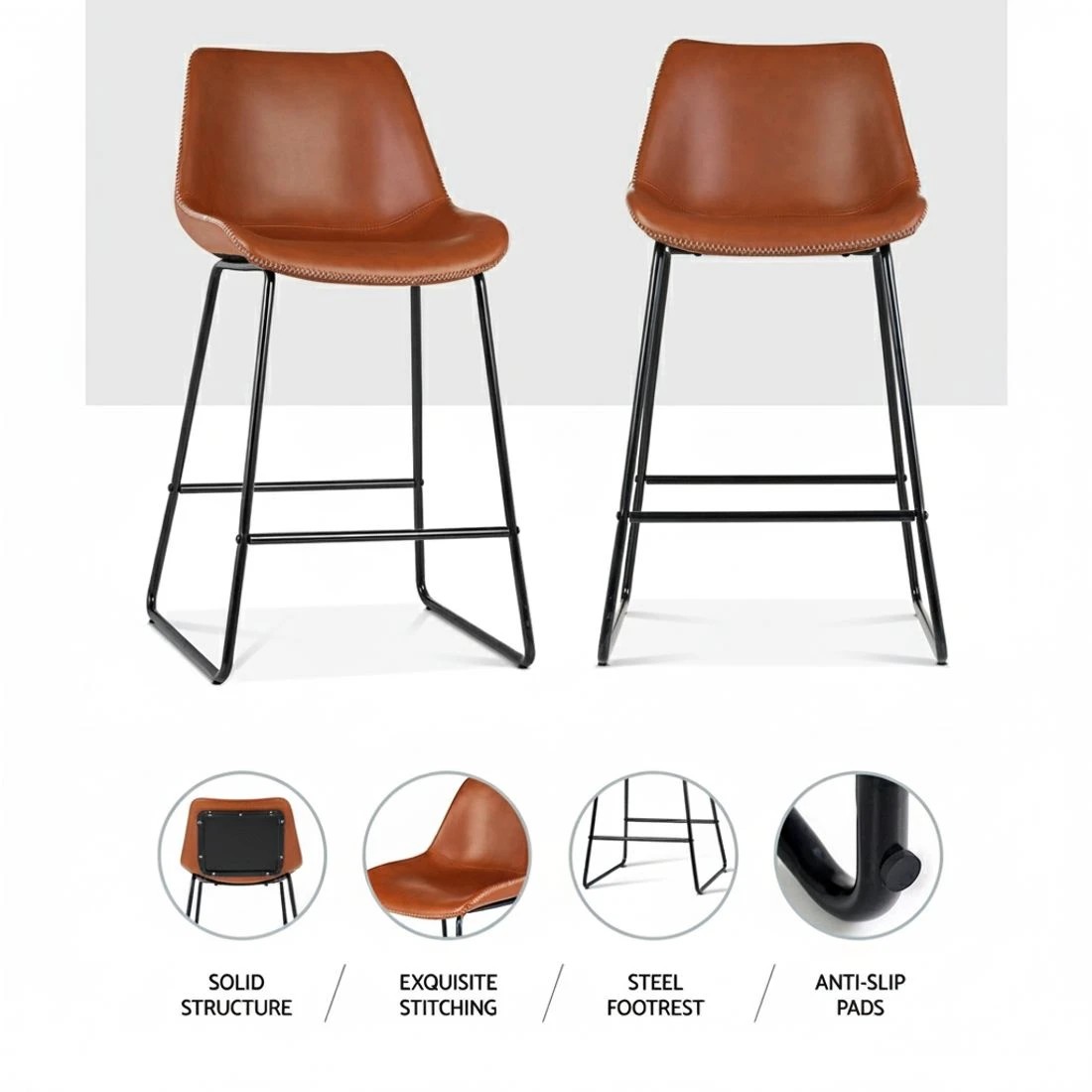 4 Artiss 2x Bar Stools Leather Padded Metal Legs - Brown, 4 of 5
