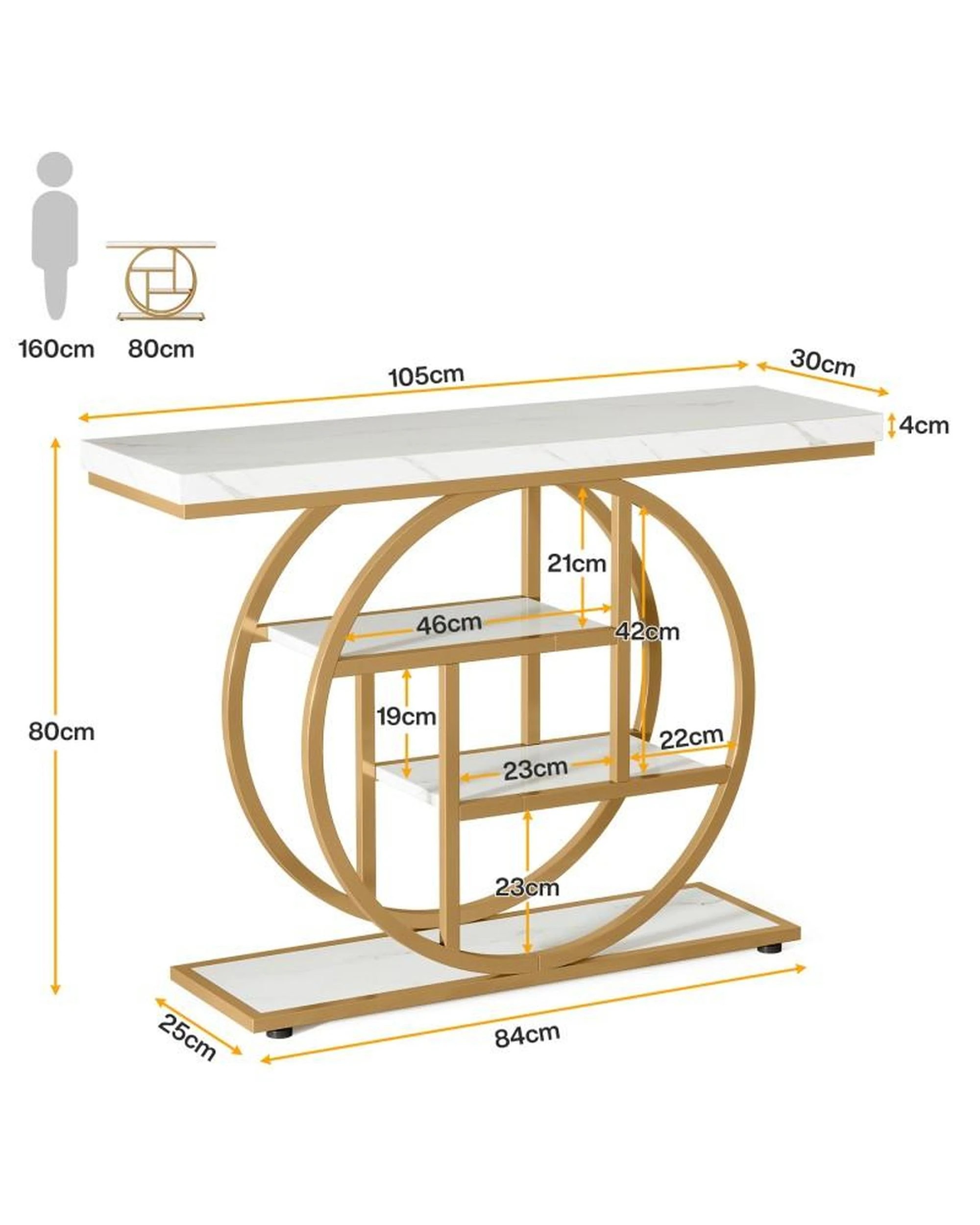 5 OAKORY 105cm Industrial Console Table with Gold Circular Metal Base 4-Tier Shelves in White, 5 of 7