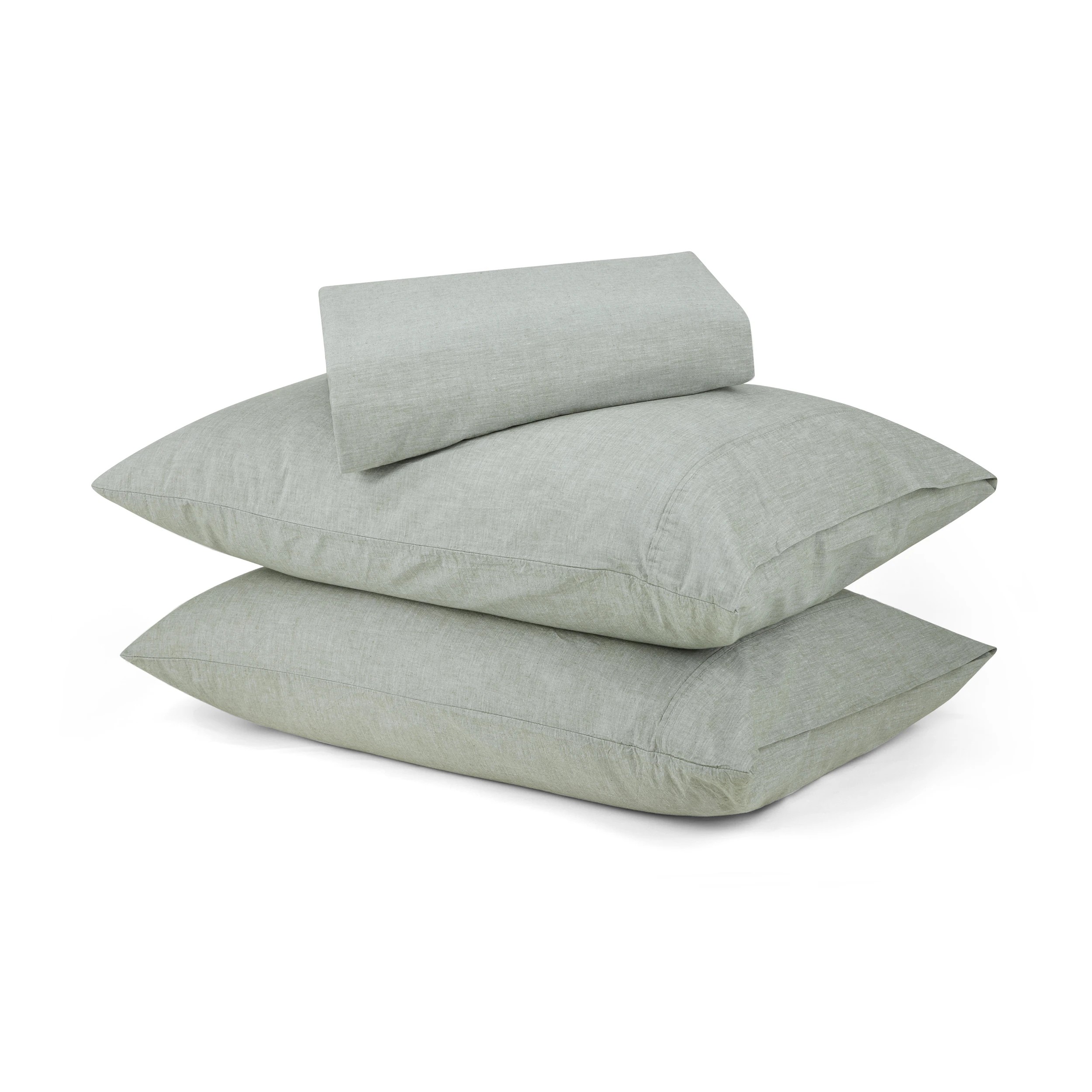 1 Stonewashed Chambray Cotton Sheet Set - Queen Bed, Sage, 1 of 7
