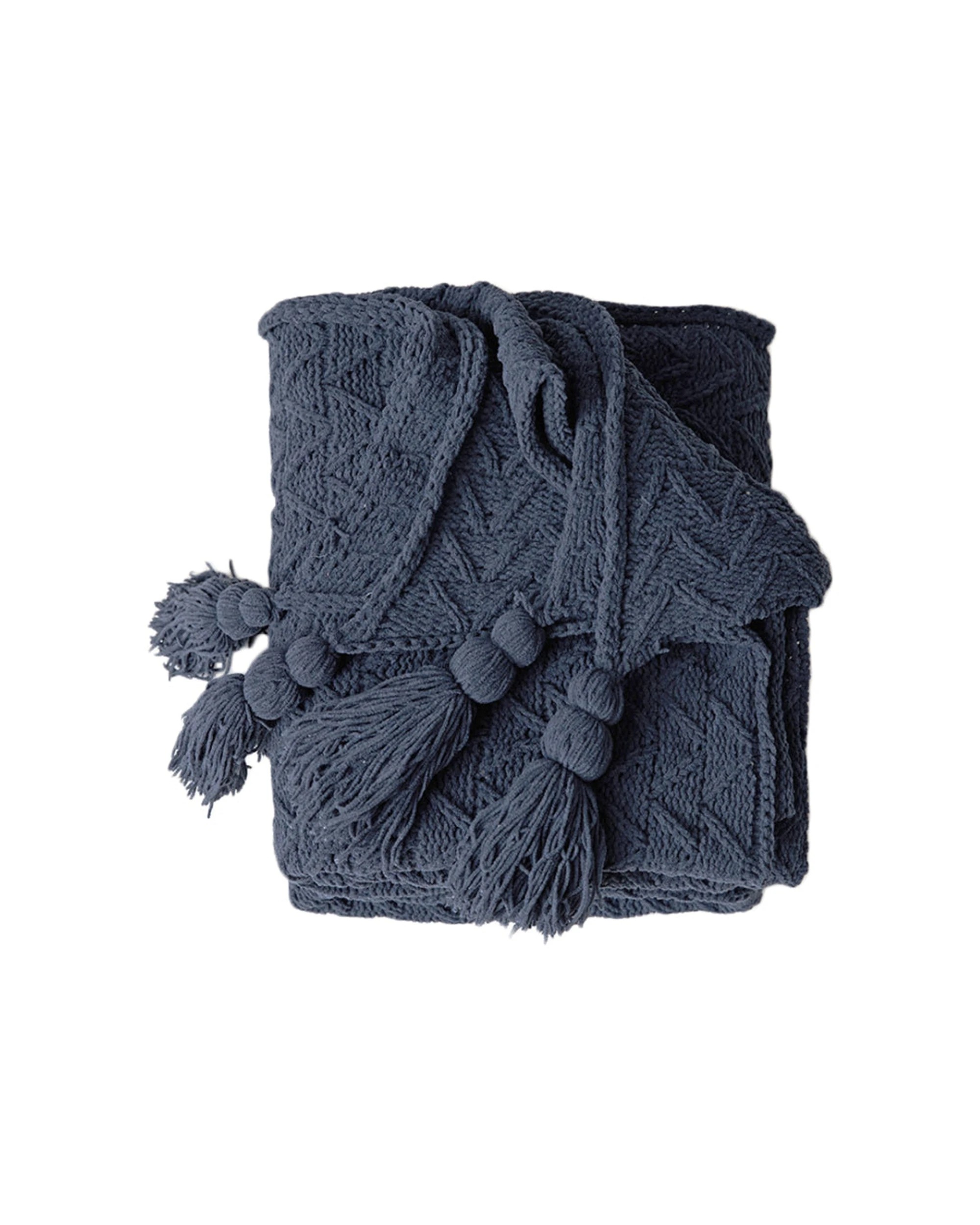 1 Cotton More Acrylic Chenille Knitted Blanket Herringbone Tassel 130x160cm Navy - Blue, 1 of 1