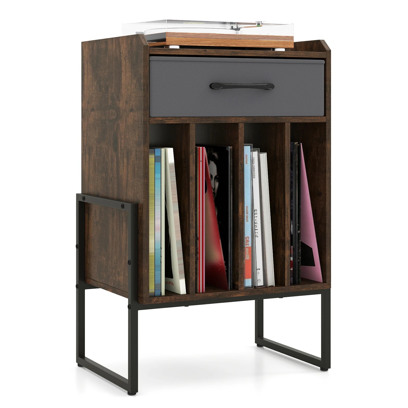 1 Costway Record Player Stand Record Holder Vinyl Display Shelf w/Drawer - Brown, 1 of 1