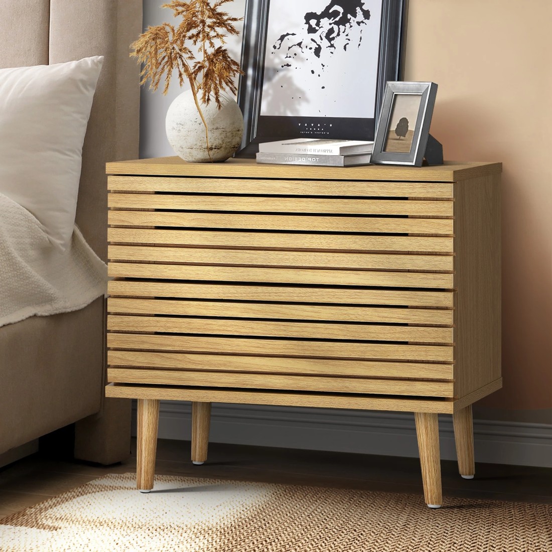 2 Oikiture Bedside Tables Side Table 2 Drawers Bedroom Storage Cabinet
 - Natural, 2 of 10