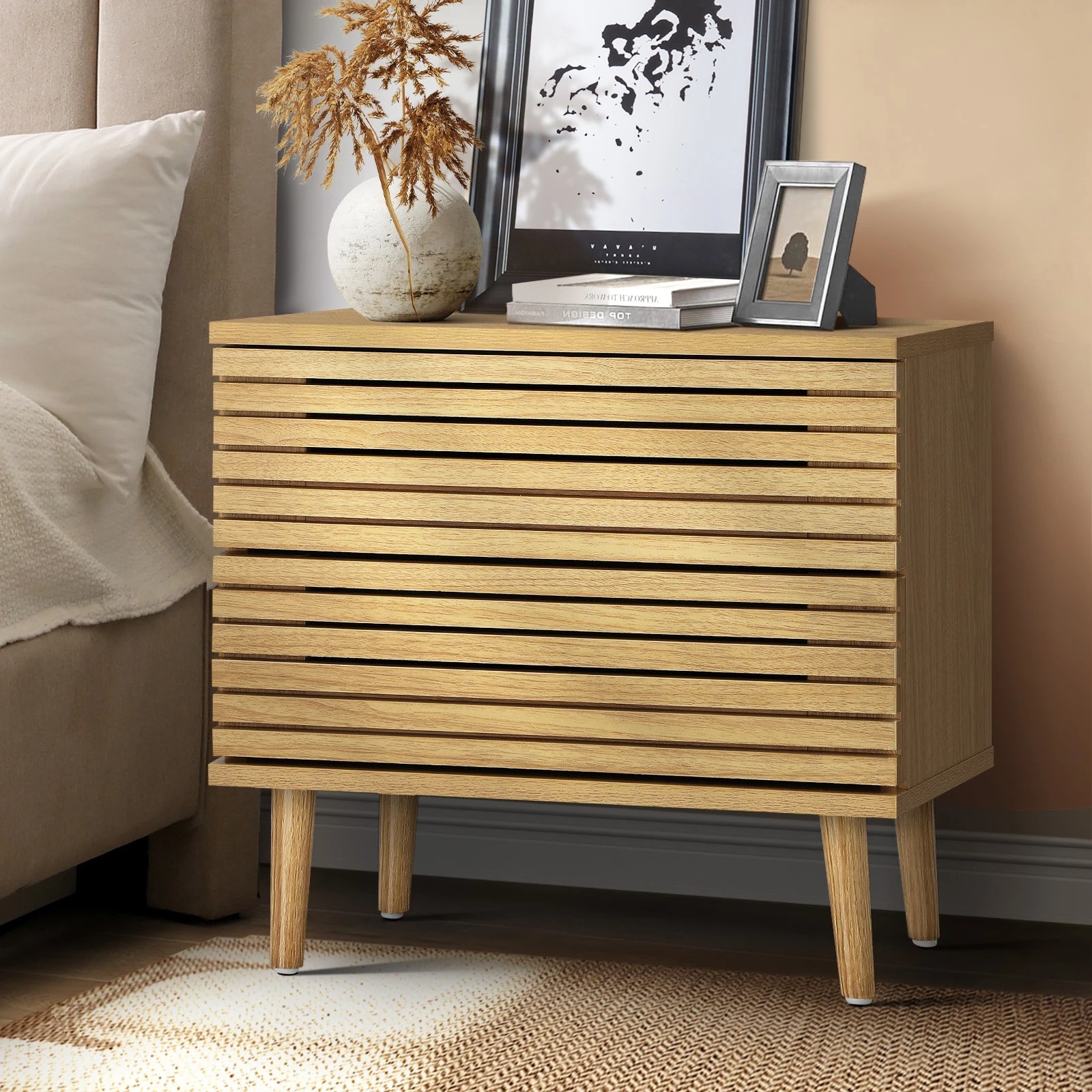2 Oikiture Bedside Tables Side Table 2 Drawers Bedroom Storage Cabinet
 - Natural, 2 of 10