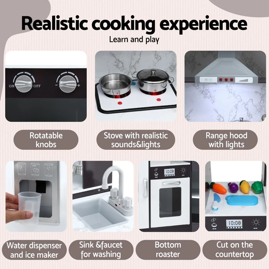 4 Keezi Kids Kitchen Play Set Wooden Pretend Cooking Playset w/Sounds Lights - Multi, 4 of 5